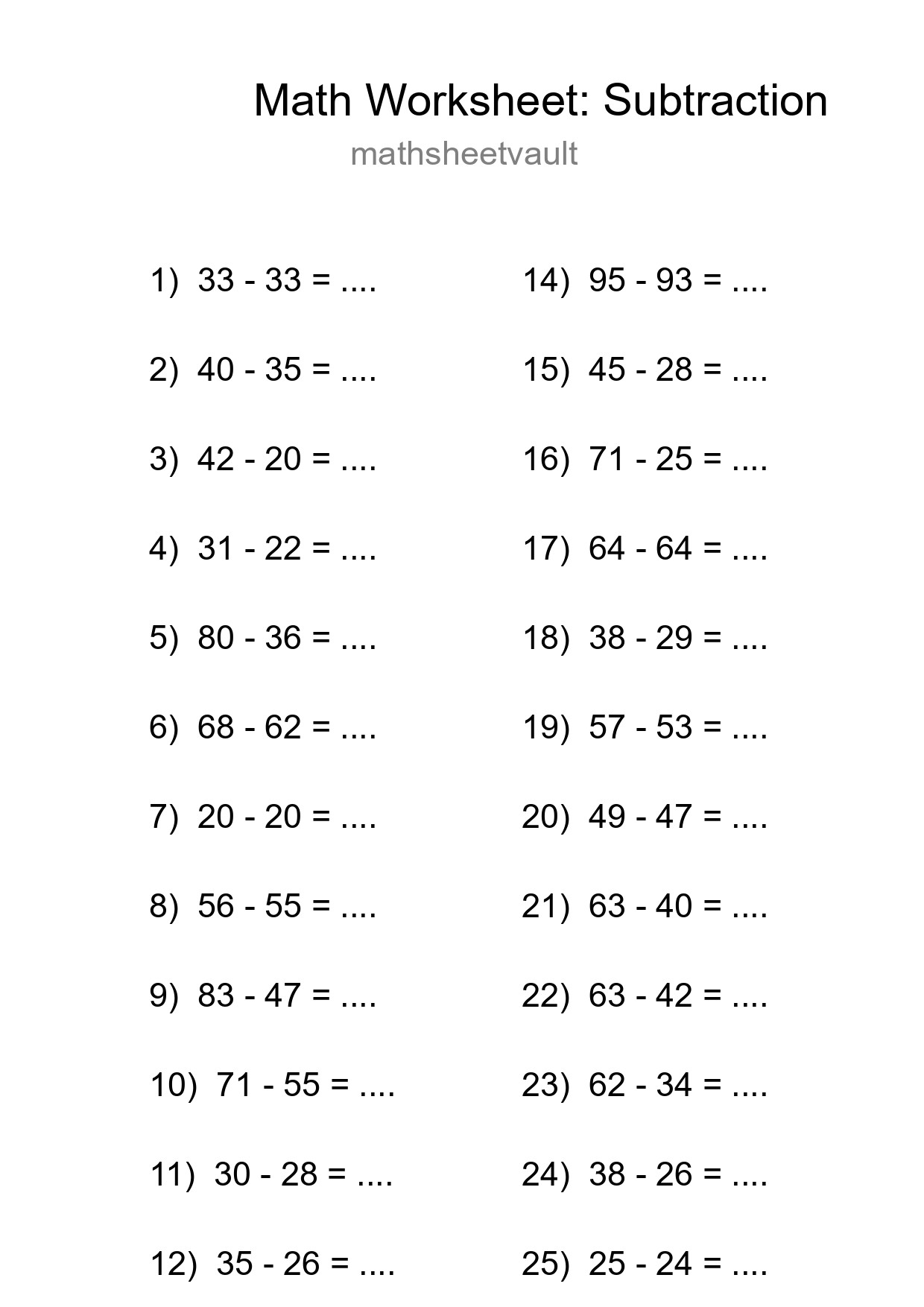 Grade 3 Subtraction Practice Worksheet (26 Problems) - Part 74