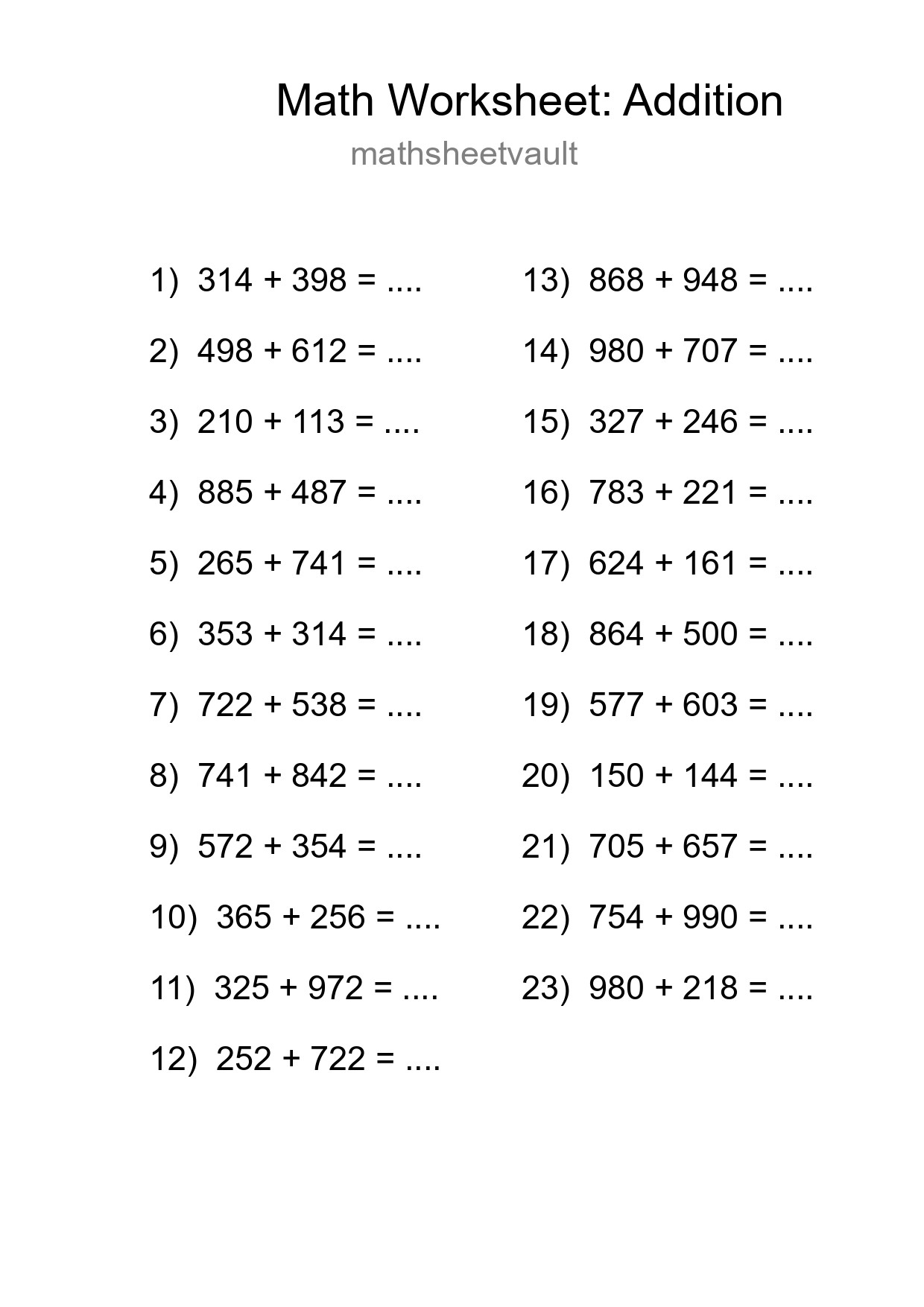 Grade 5 Addition Practice Worksheet (23 Problems) - Part 221