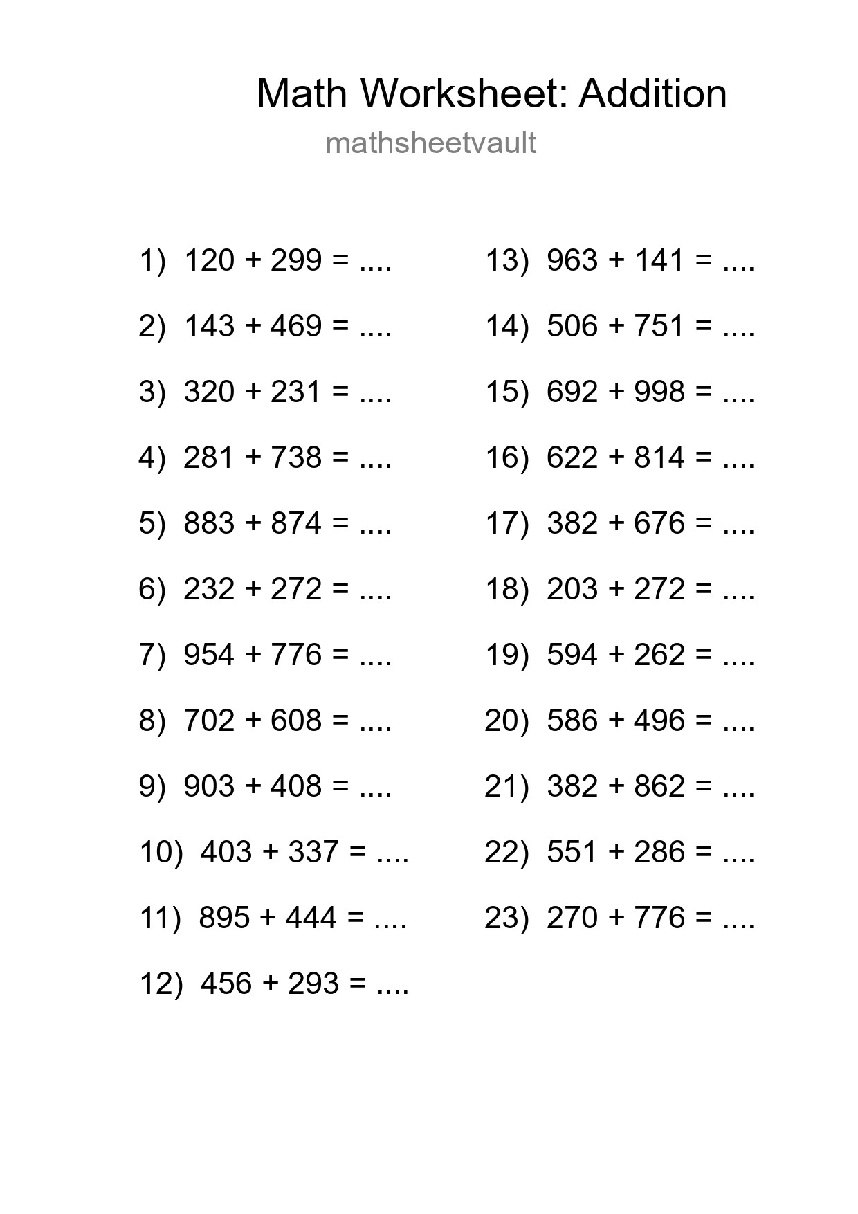 Grade 5 Addition Practice Worksheet (23 Problems) - Part 34