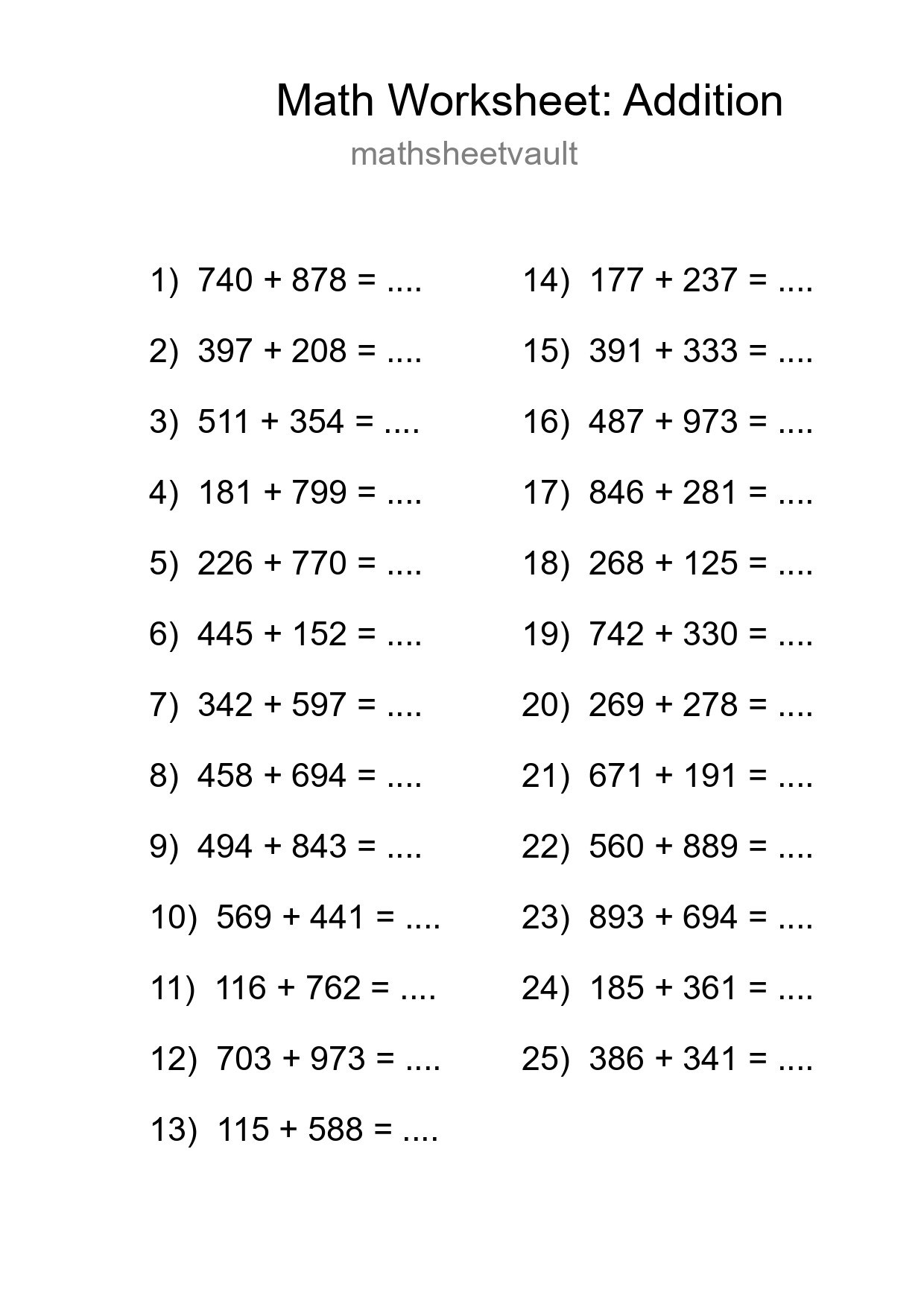 Grade 5 Addition Practice Worksheet (25 Problems) - Part 100