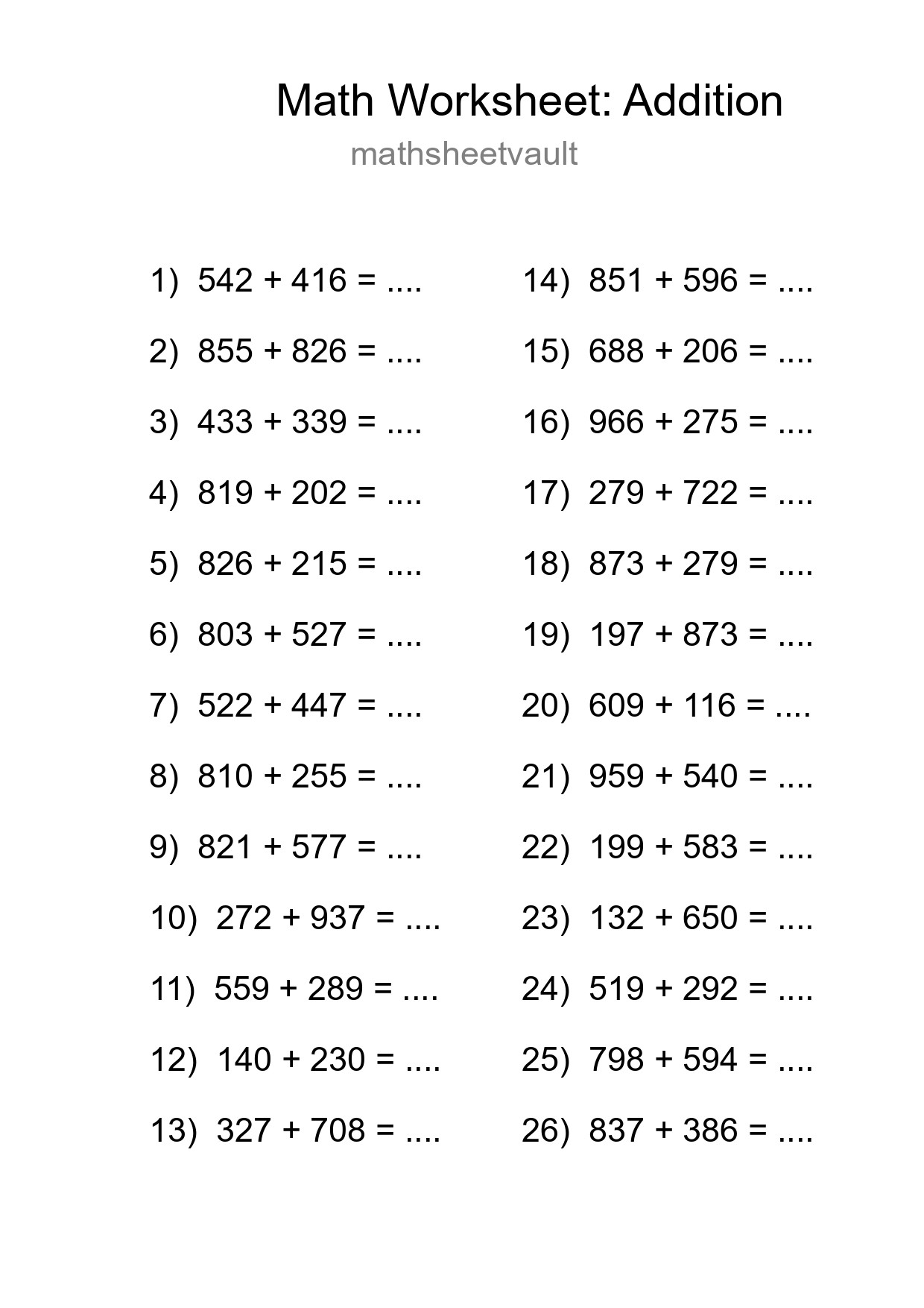 Grade 5 Addition Practice Worksheet (26 Problems) - Part 254