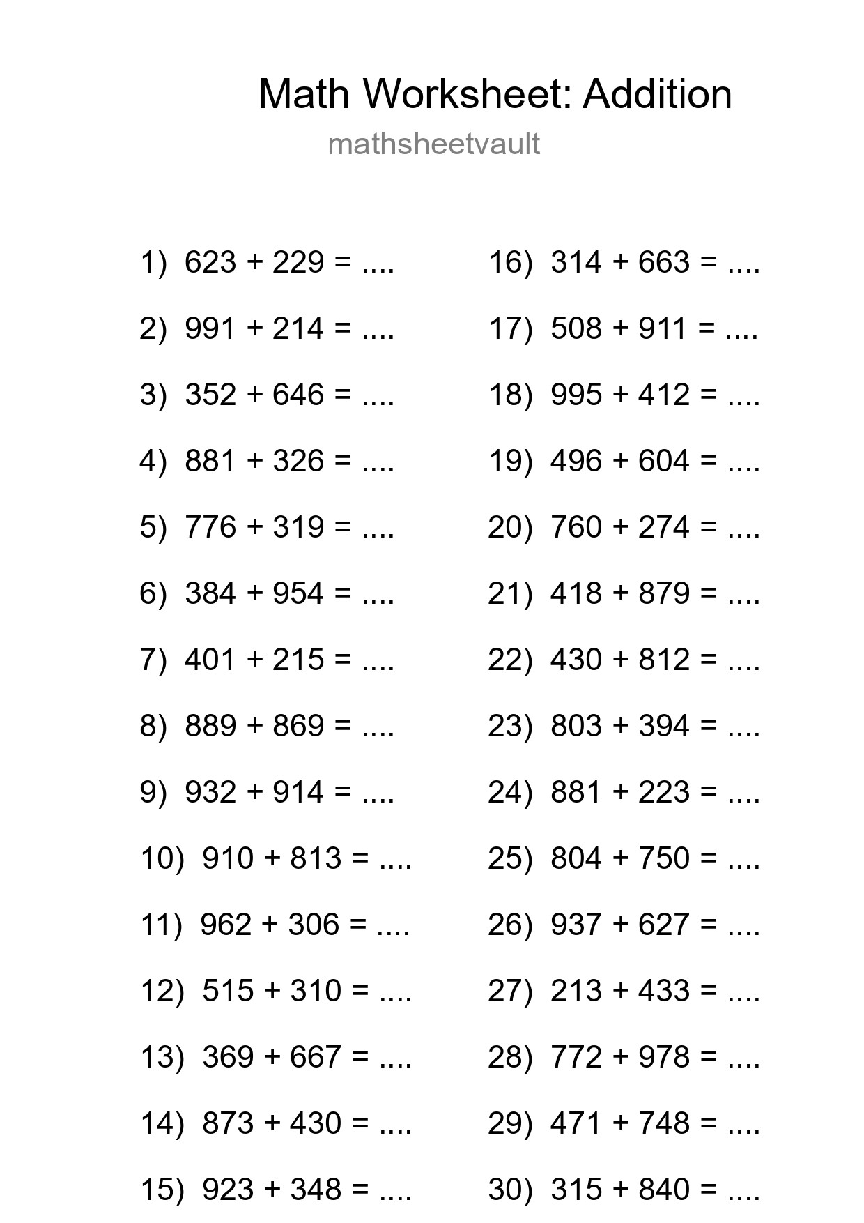 Grade 5 Addition Practice Worksheet (30 Problems) - Part 67