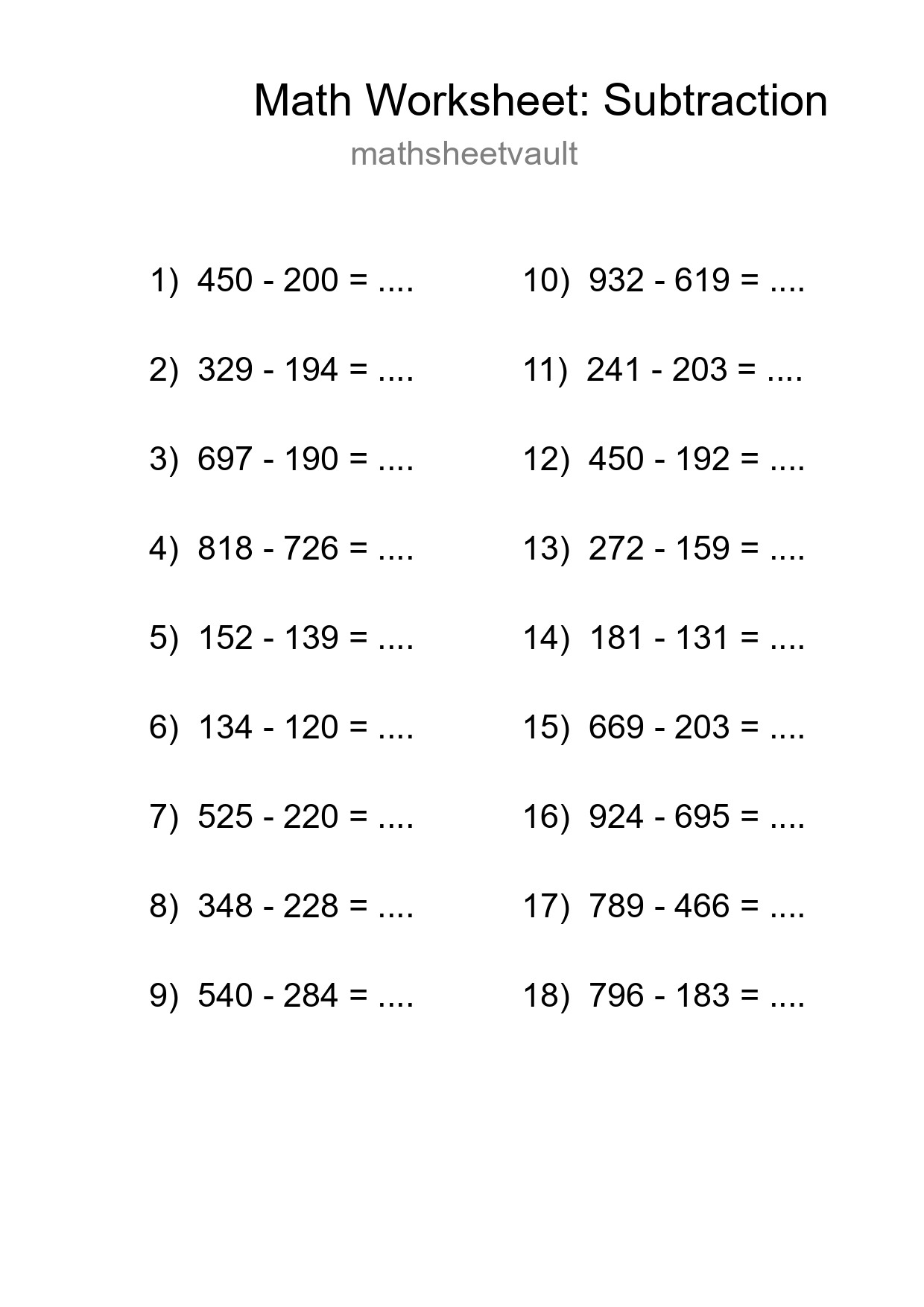 Grade 5 Subtraction Practice Worksheet (18 Problems) - Part 96