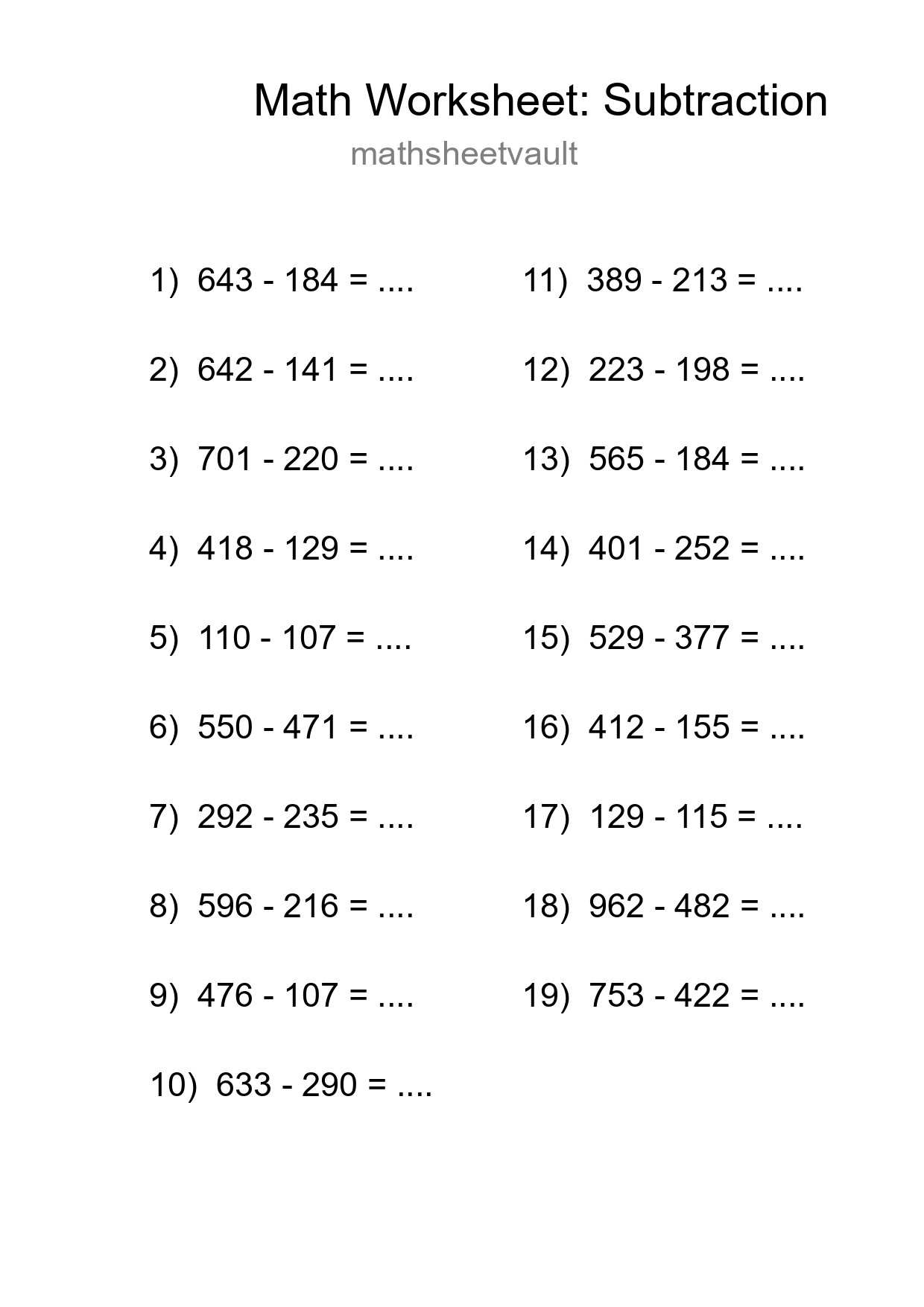 Grade 5 Subtraction Practice Worksheet (19 Problems) - Part 162