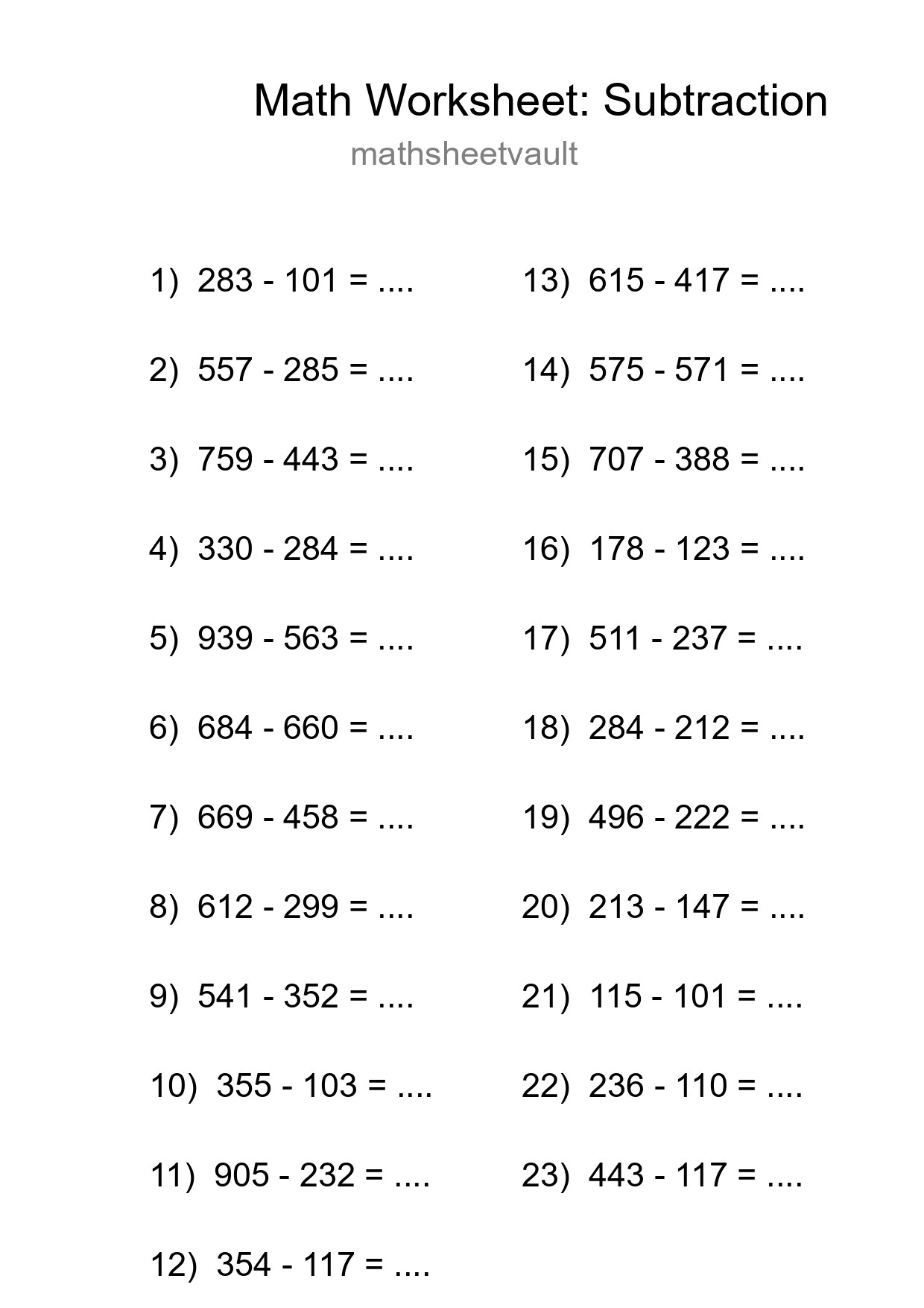 Grade 5 Subtraction Practice Worksheet (23 Problems) - Part 206