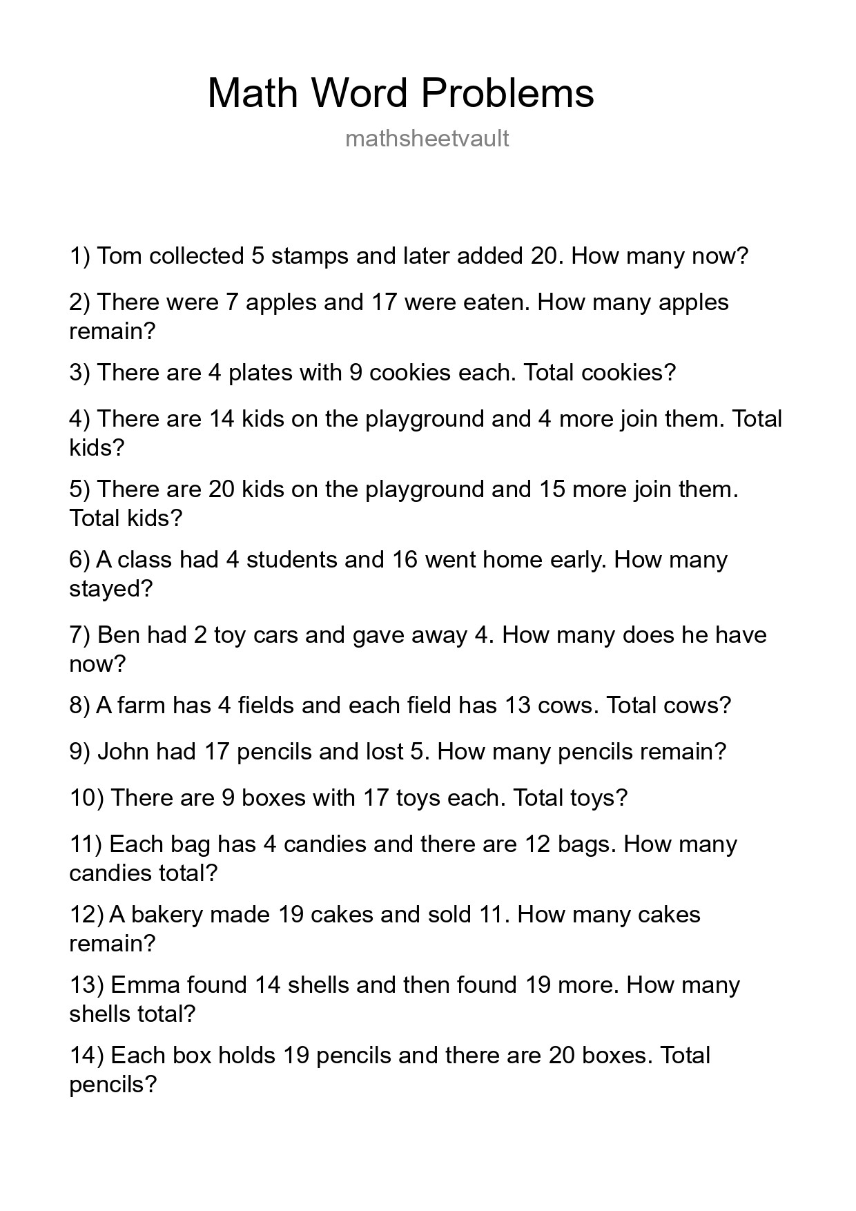 Math Word Problem Worksheet