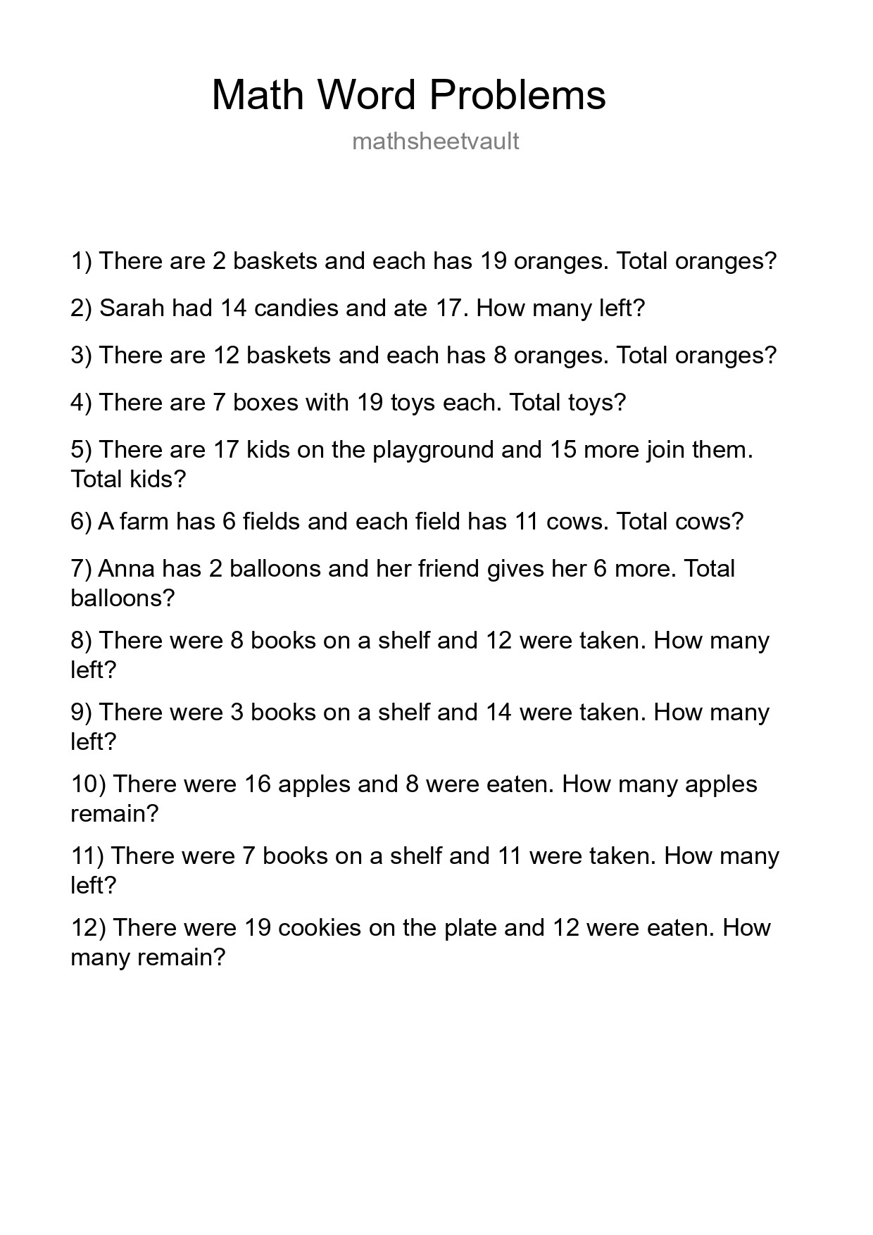 Math Word Problem Worksheet