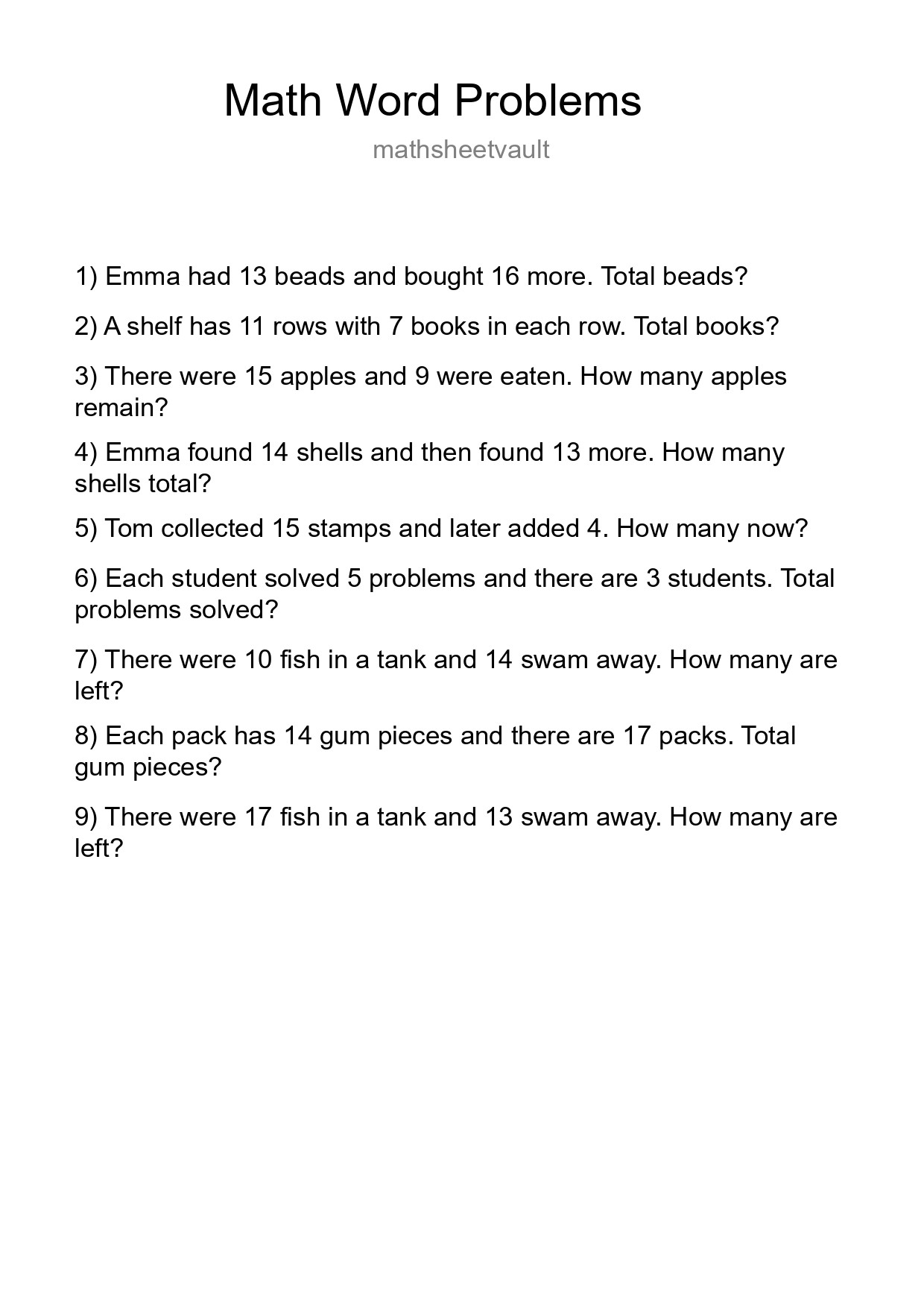 Math Word Problem Worksheet