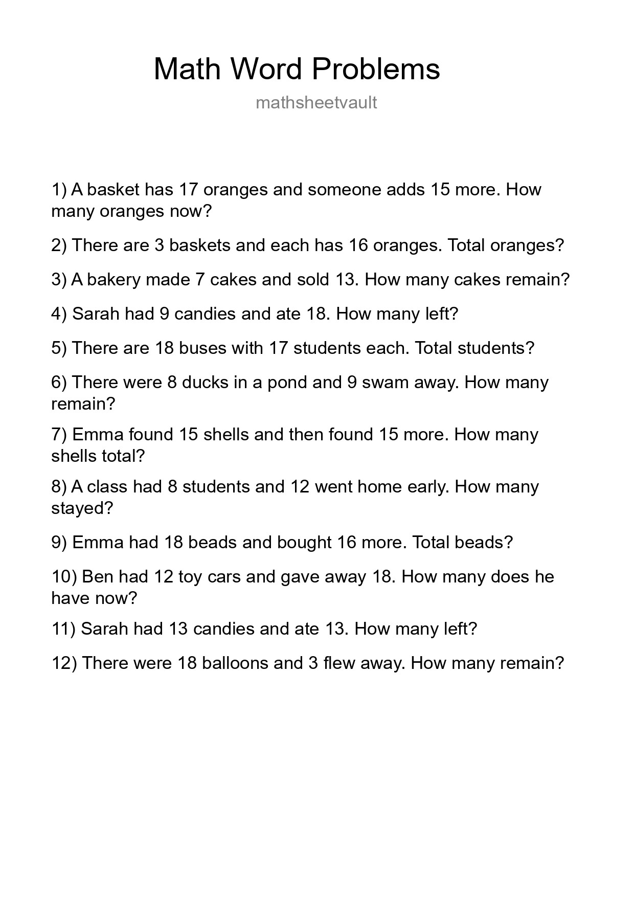 Math Word Problem Worksheet