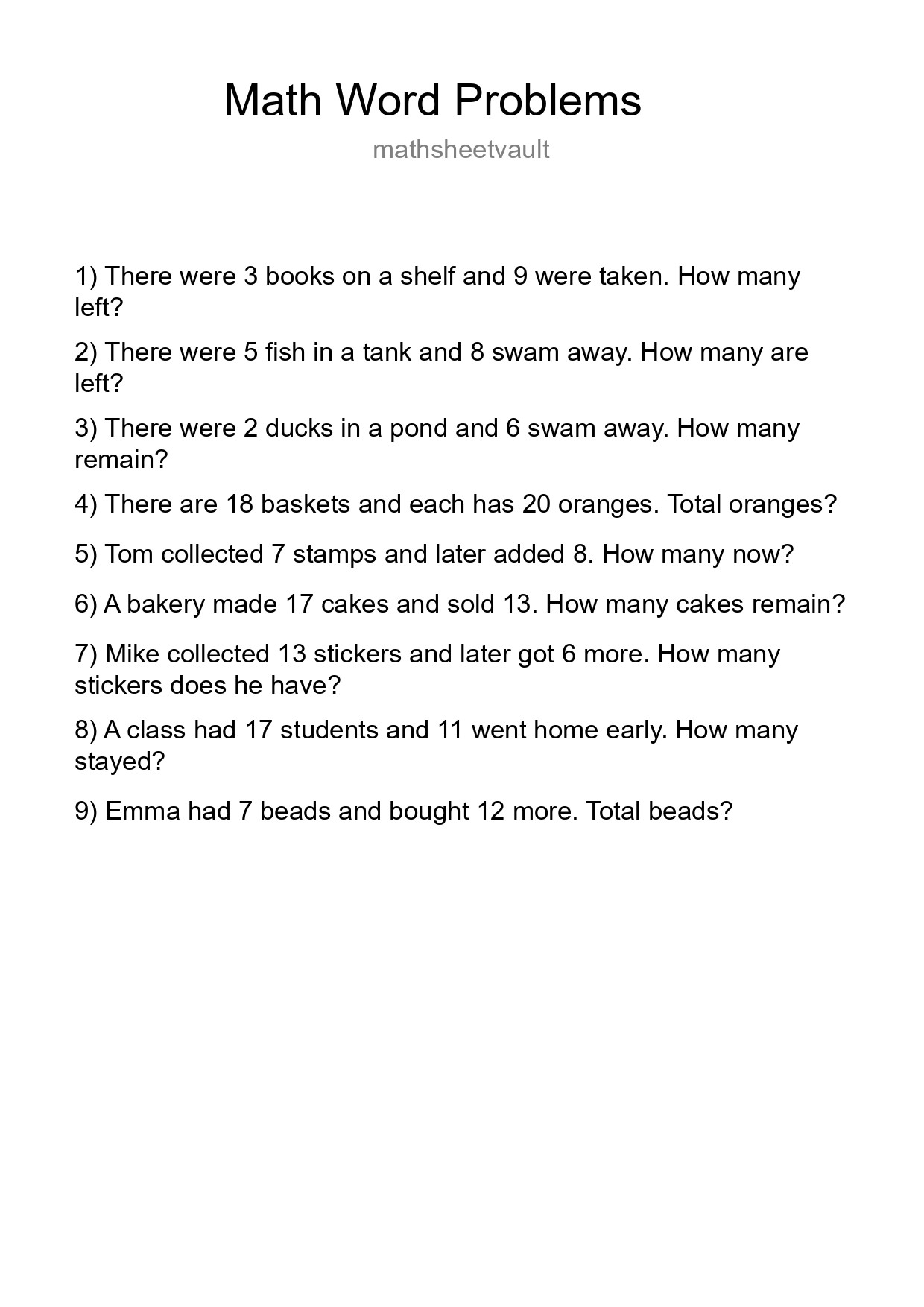 Math Word Problem Worksheet