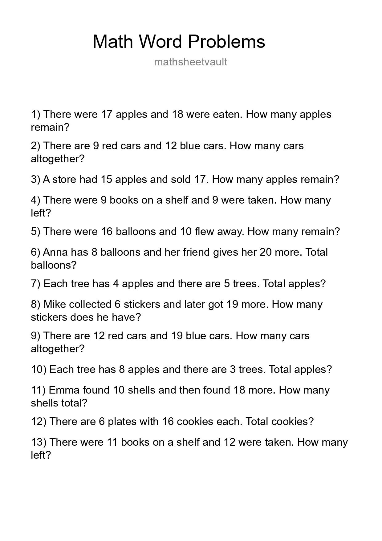 Math Word Problem Worksheet