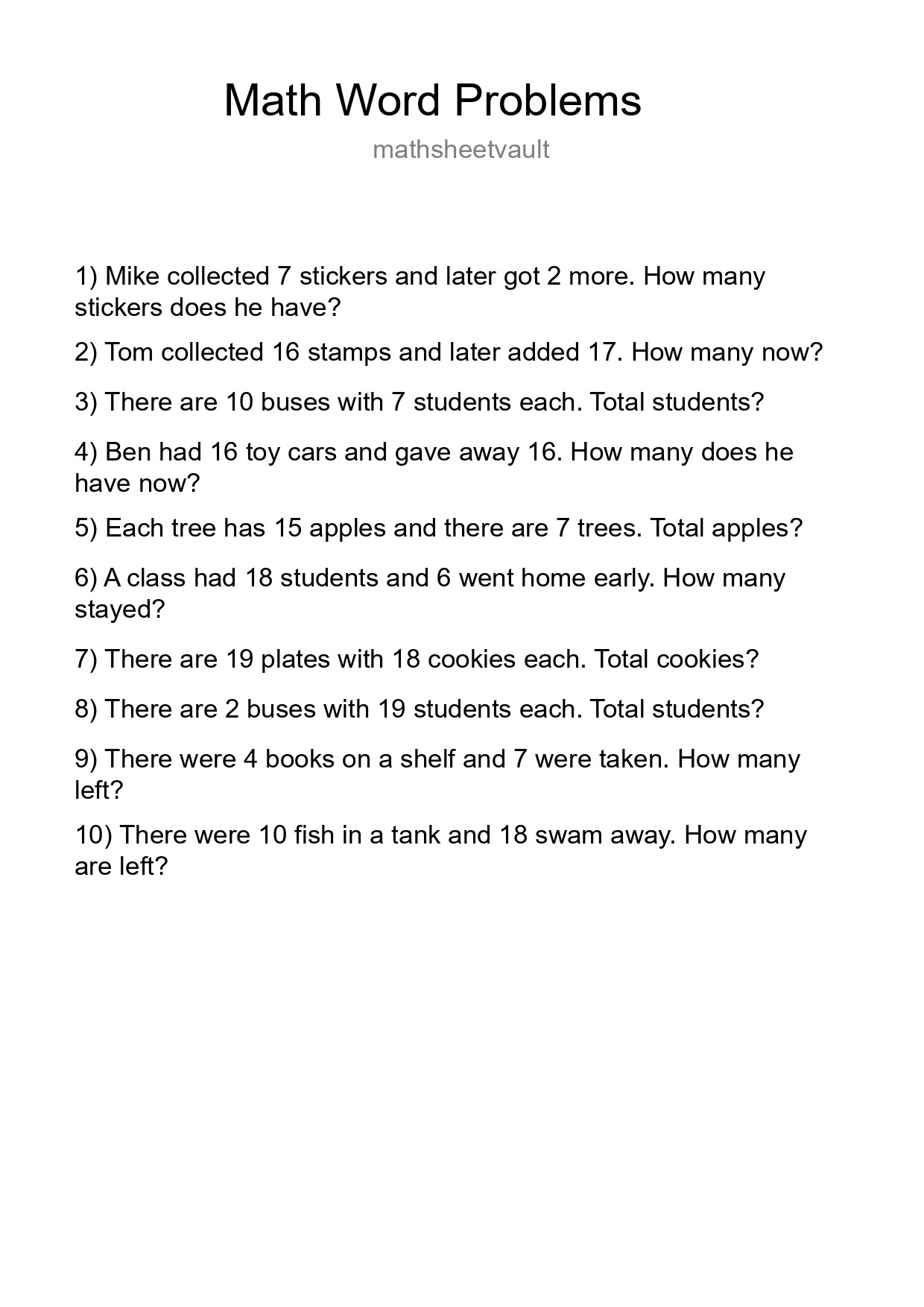 Math Word Problem Worksheet