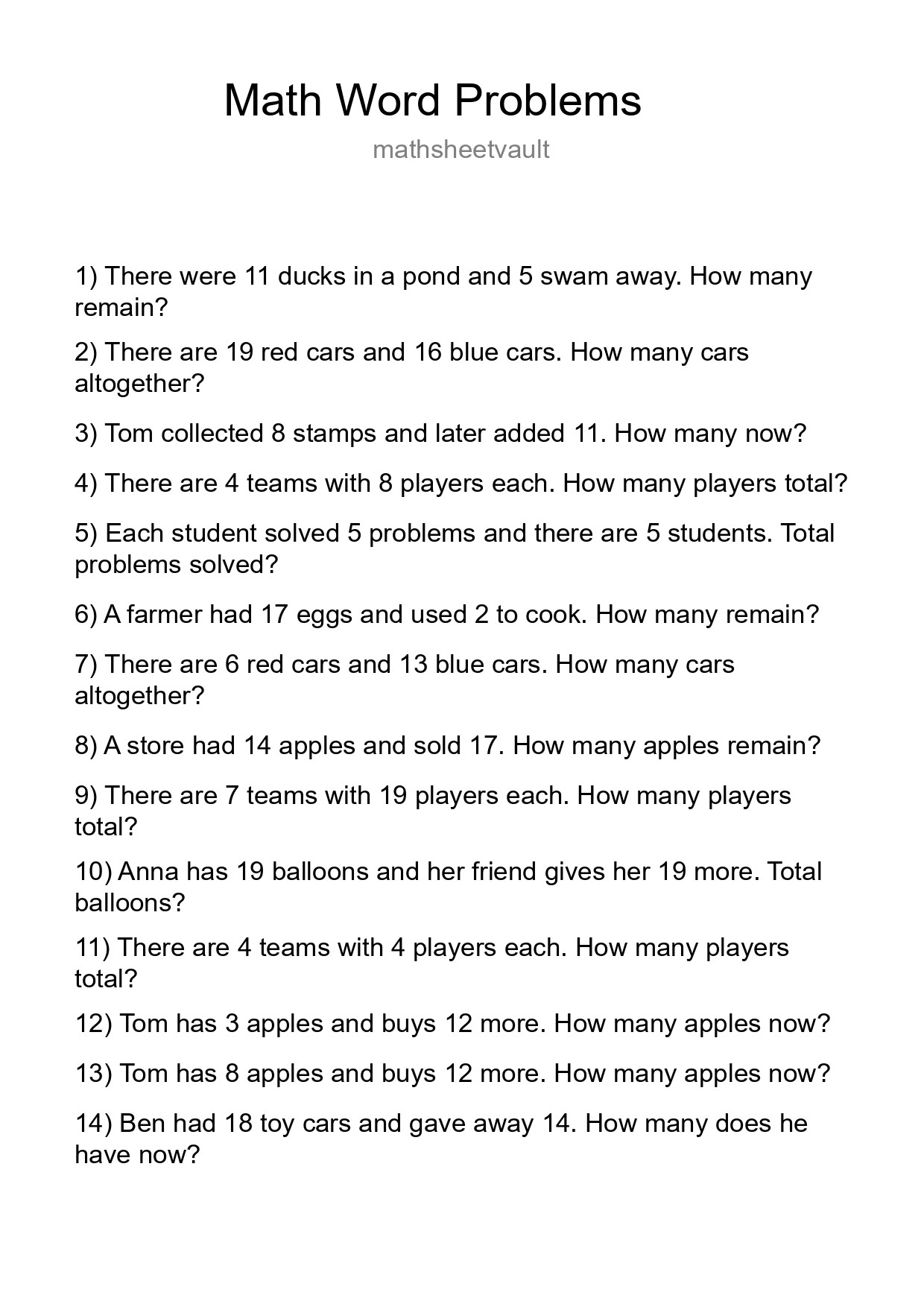 Math Word Problem Worksheet