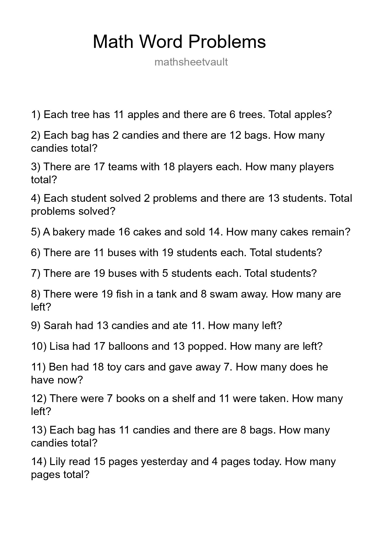 Math Word Problem Worksheet