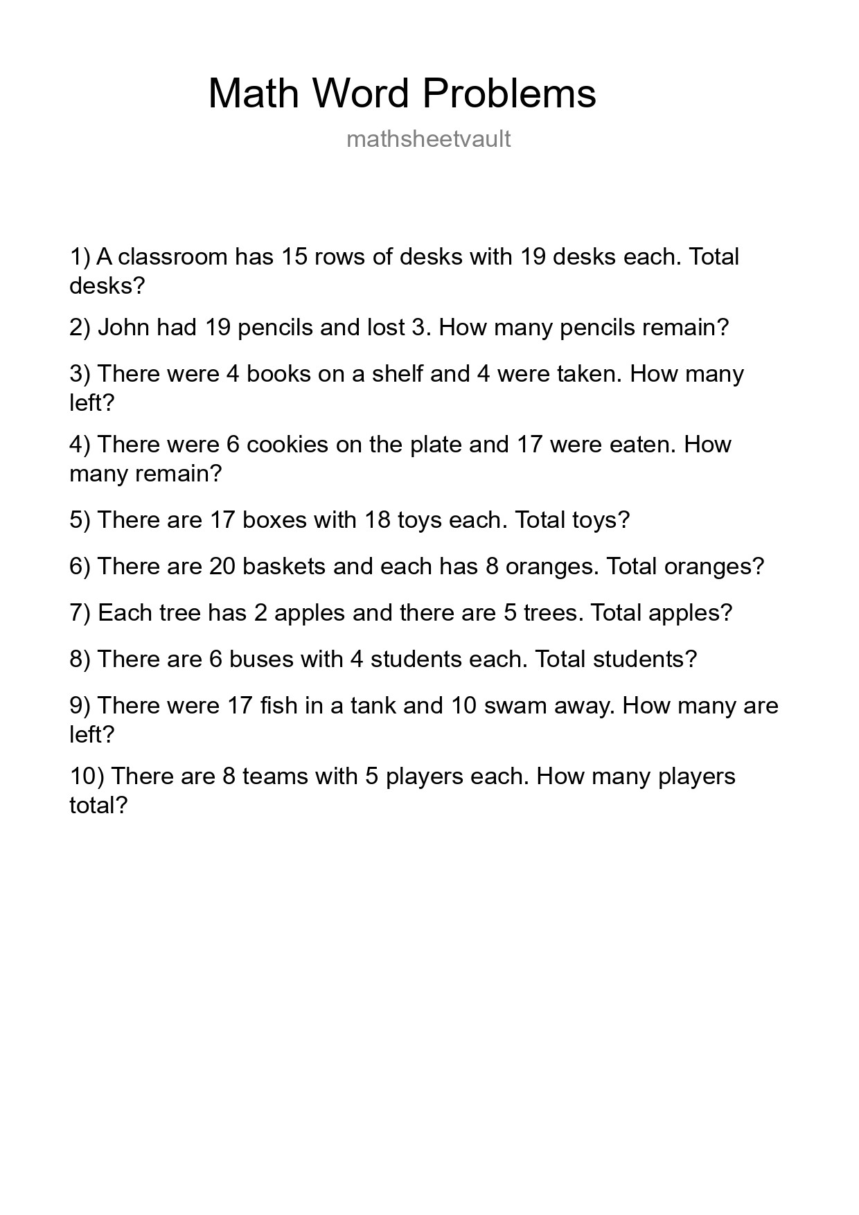Math Word Problem Worksheet