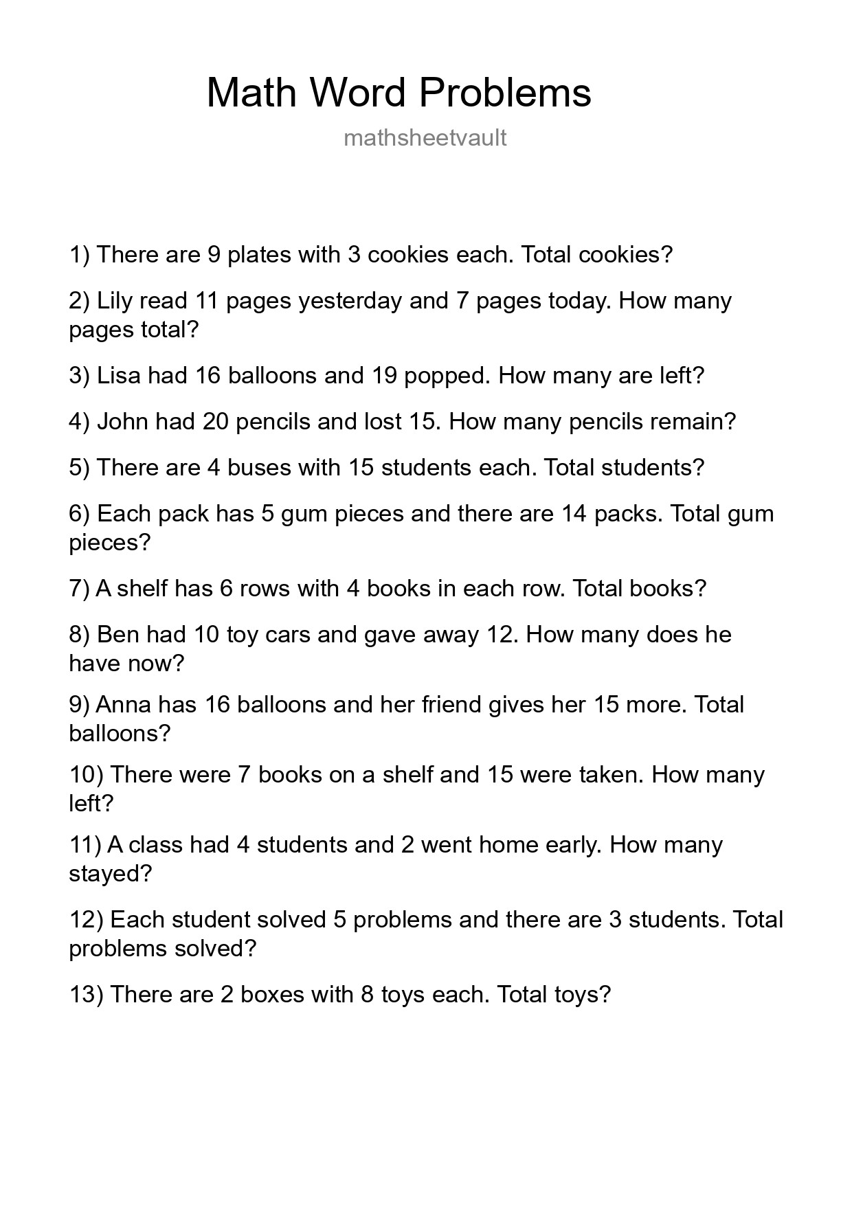 Math Word Problem Worksheet