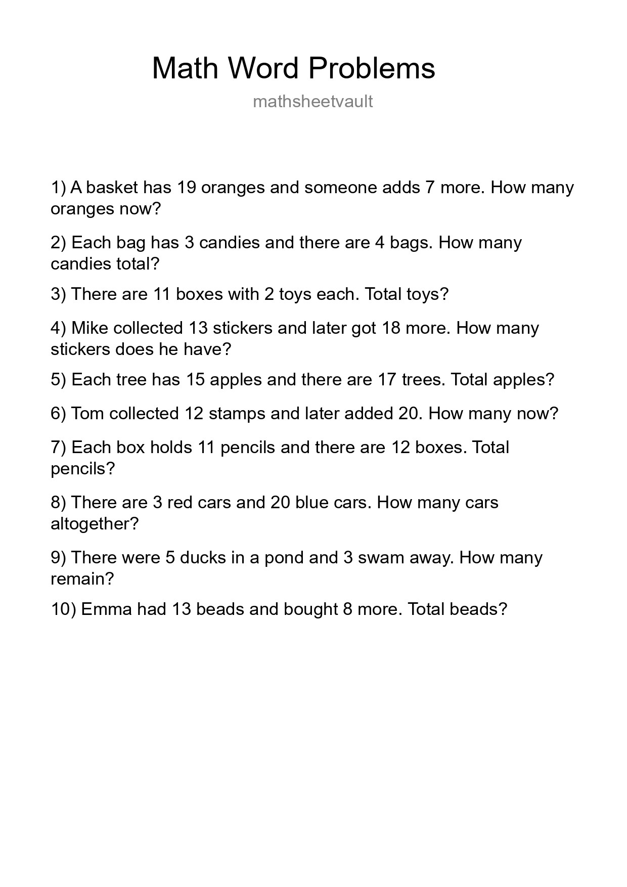 Math Word Problem Worksheet