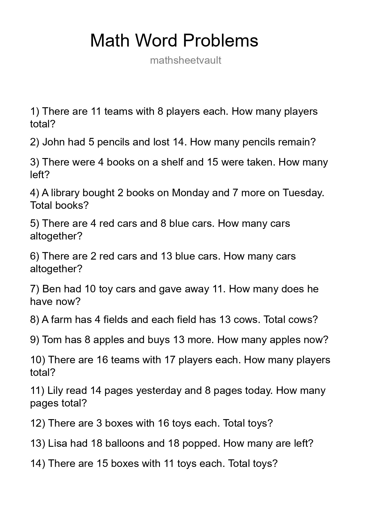 Math Word Problem Worksheet