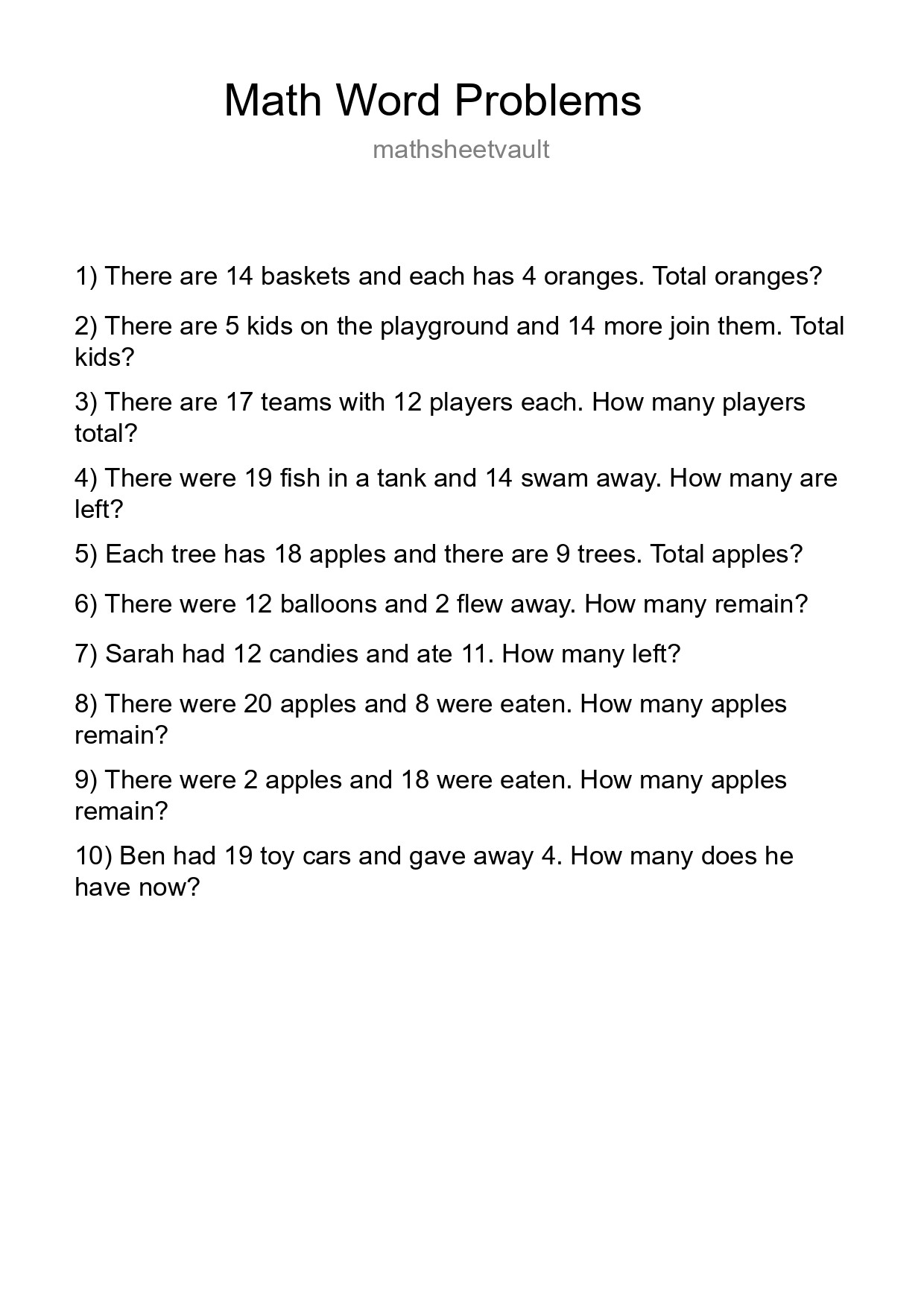 Math Word Problem Worksheet