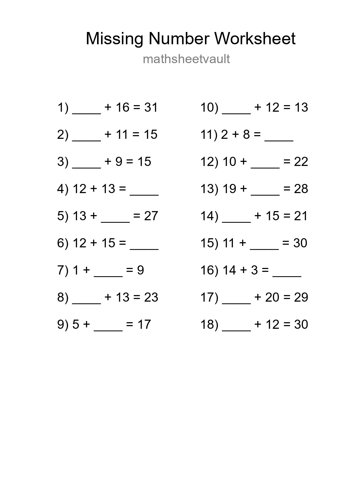 Missing Number Math Worksheet