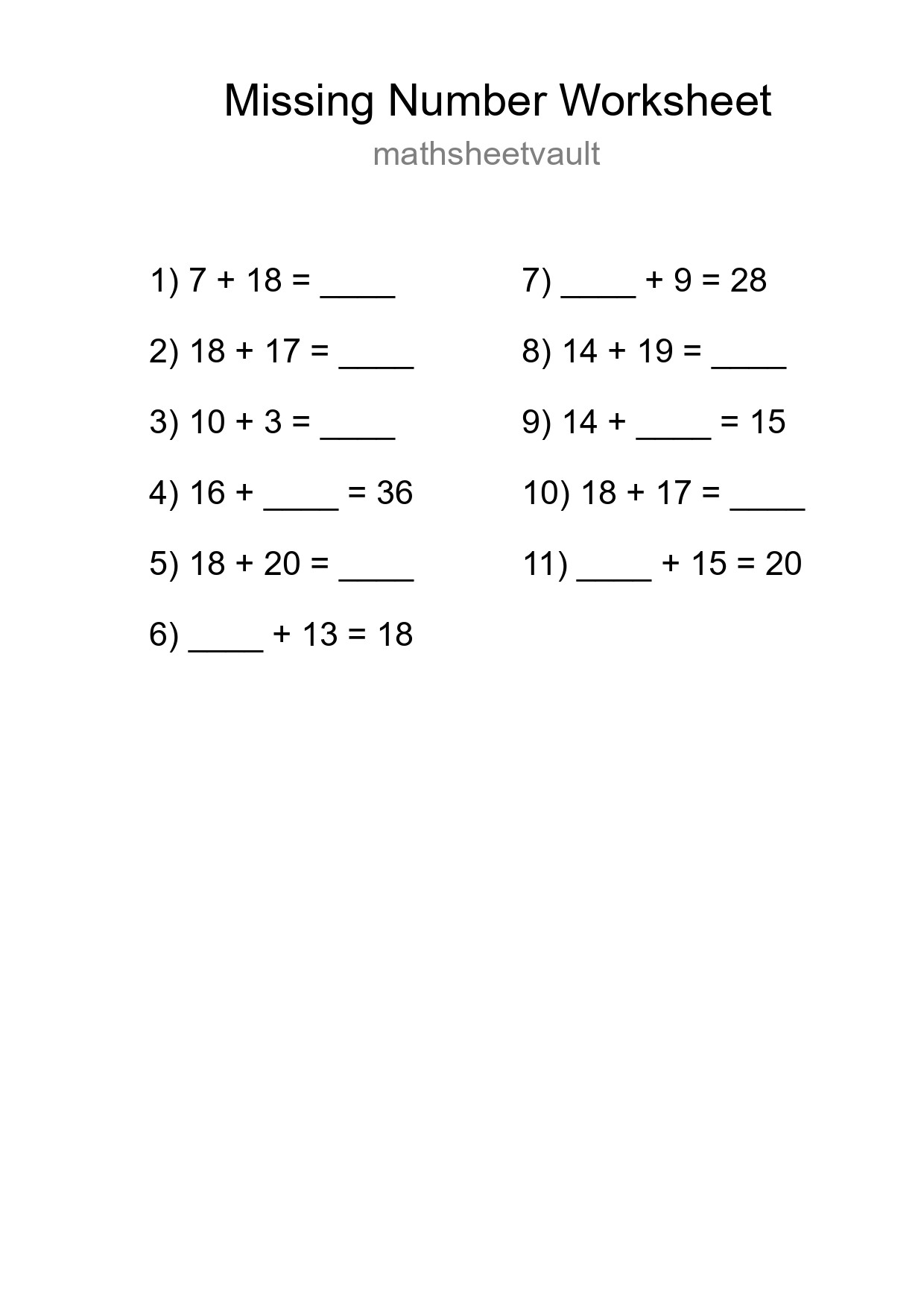 Missing Number Math Worksheet