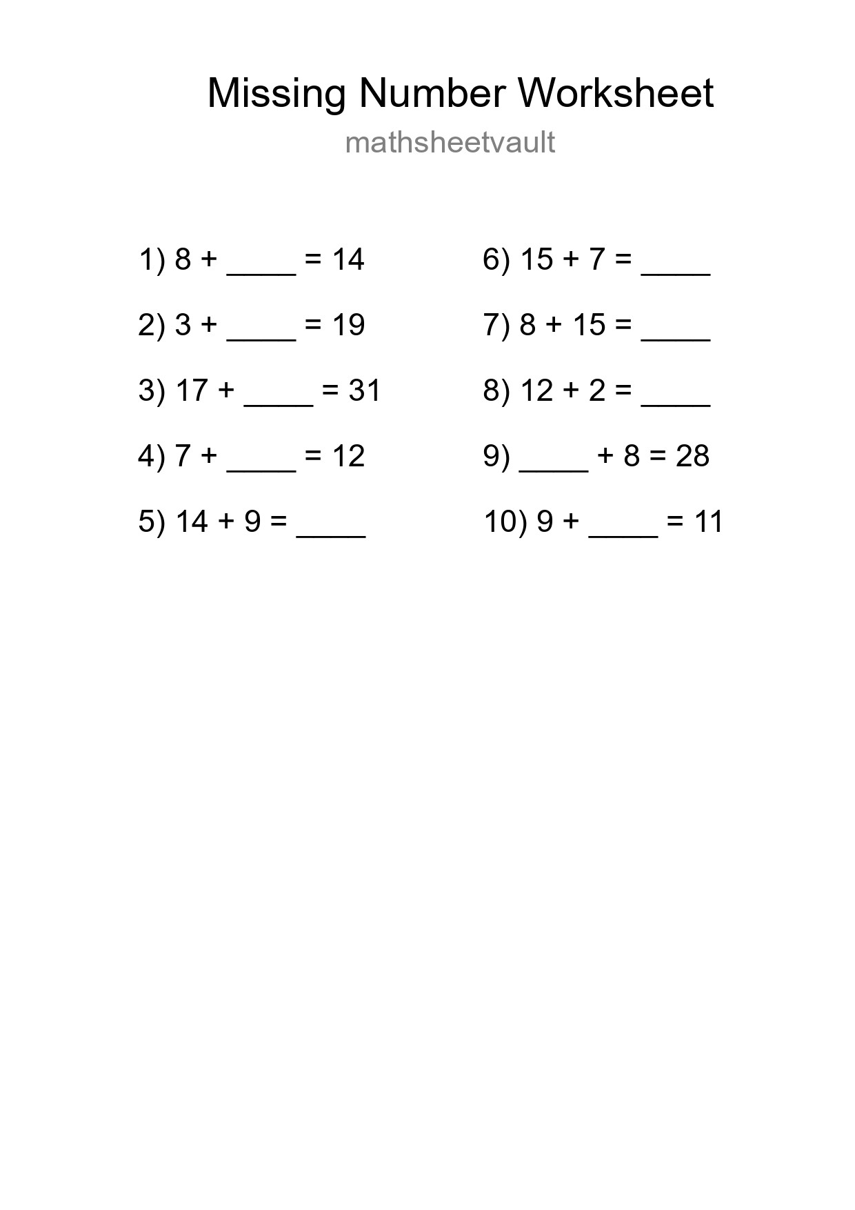 Missing Number Math Worksheet
