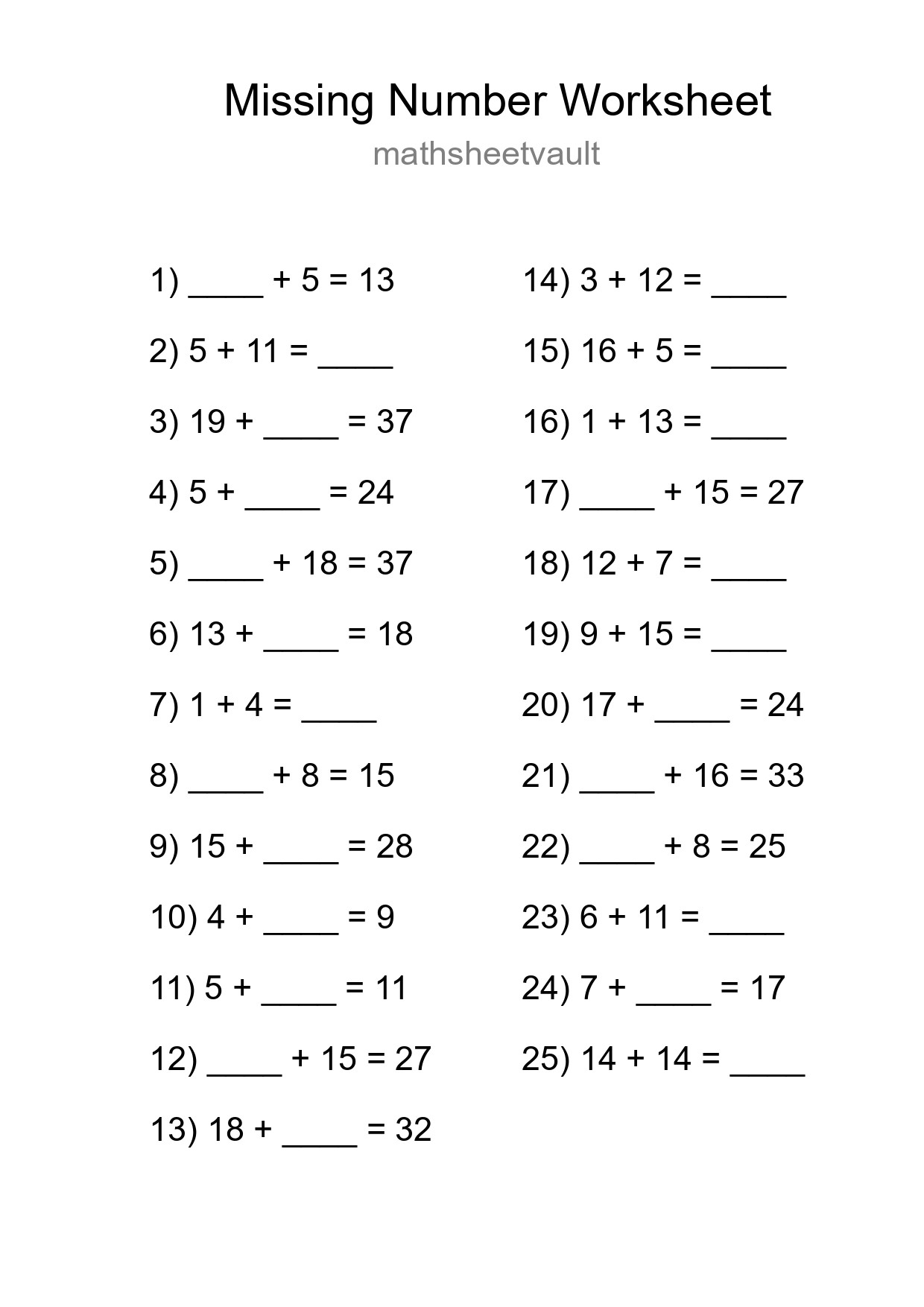 Missing Number Math Worksheet