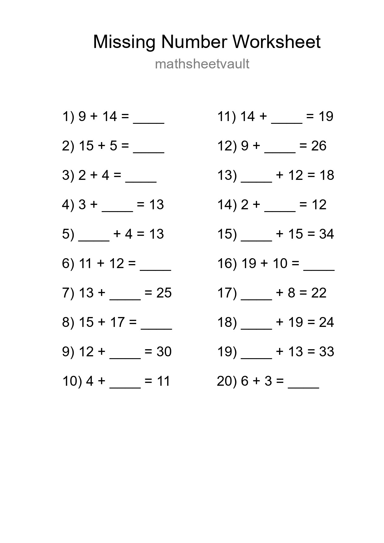 Missing Number Math Worksheet