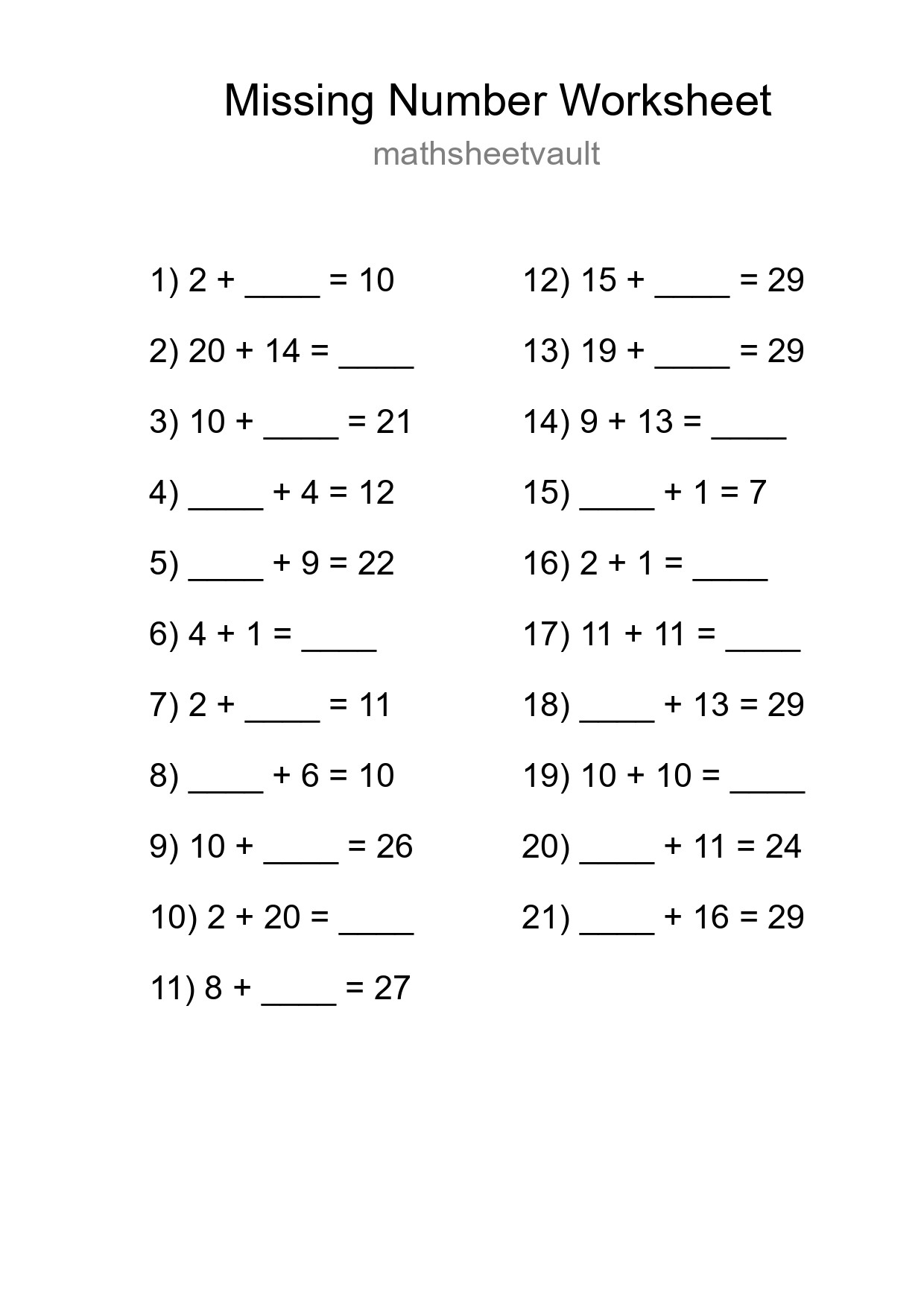 Missing Number Math Worksheet