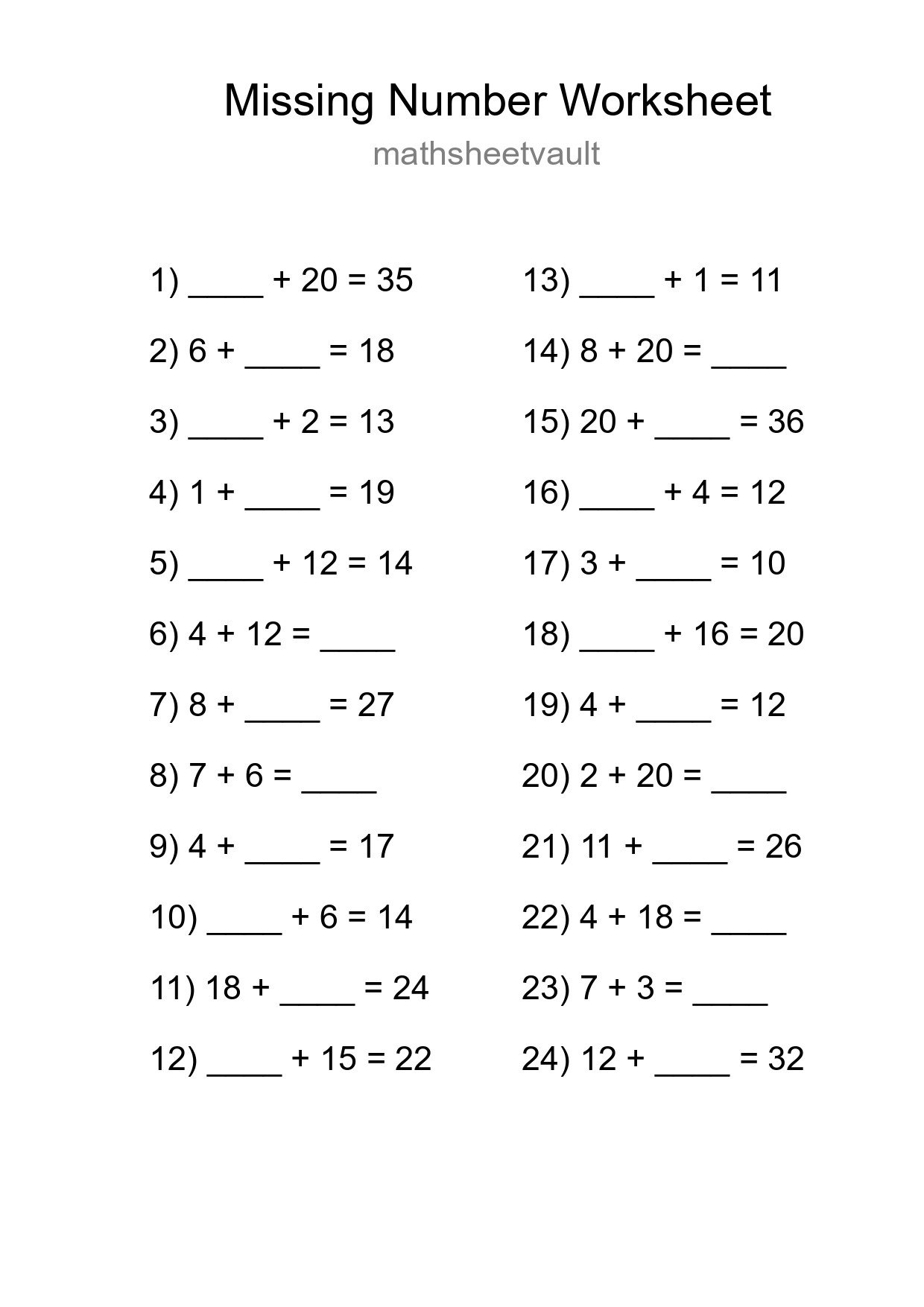 Missing Number Math Worksheet