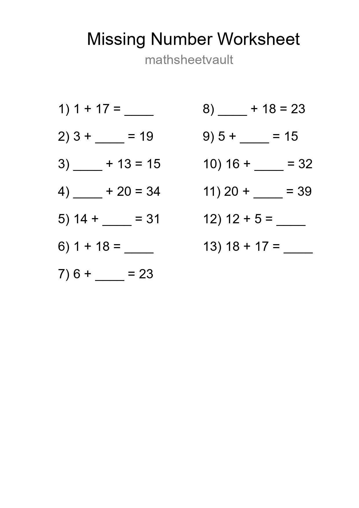 Missing Number Math Worksheet