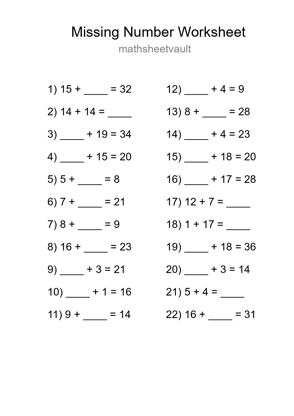 Missing Number Math Worksheet