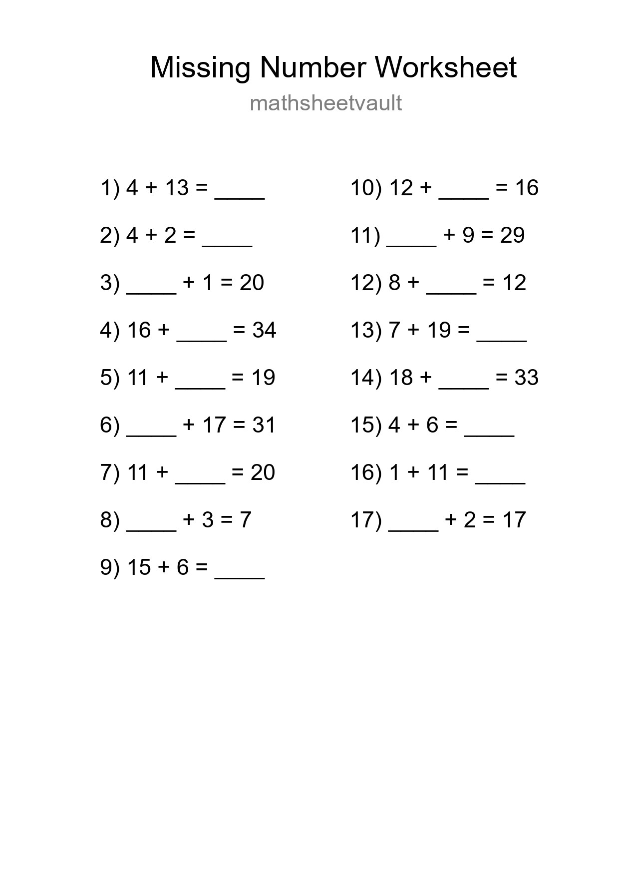 Missing Number Math Worksheet