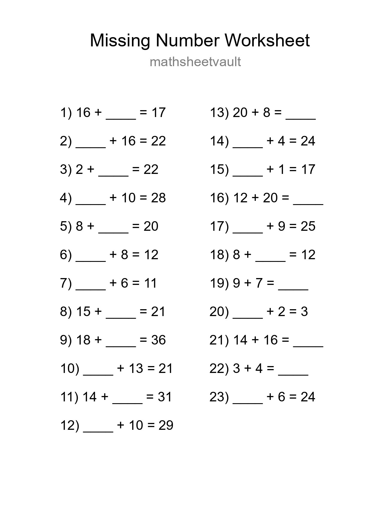Missing Number Math Worksheet