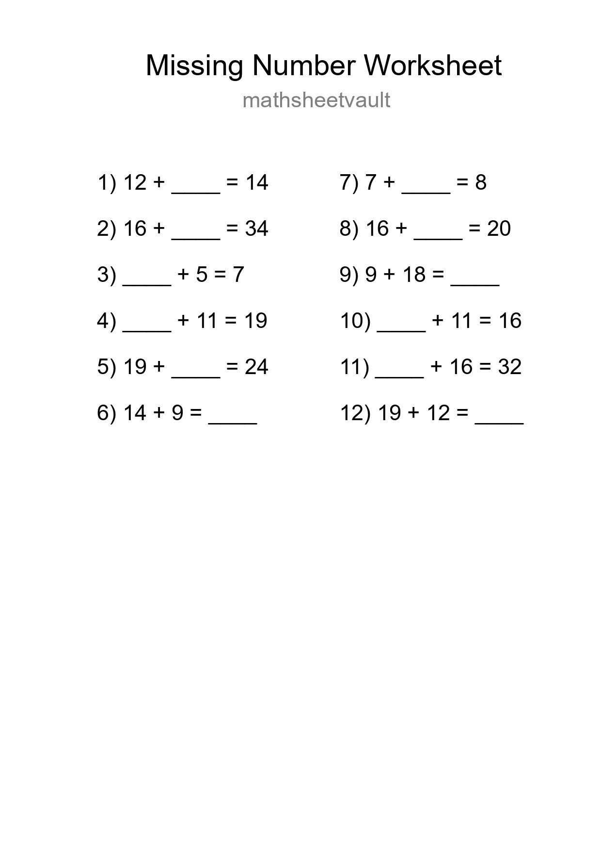 Missing Number Math Worksheet