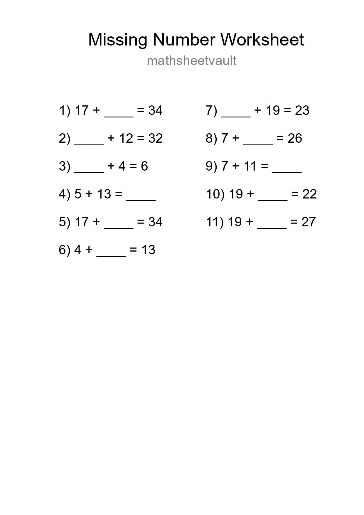 Missing Number Math Worksheet