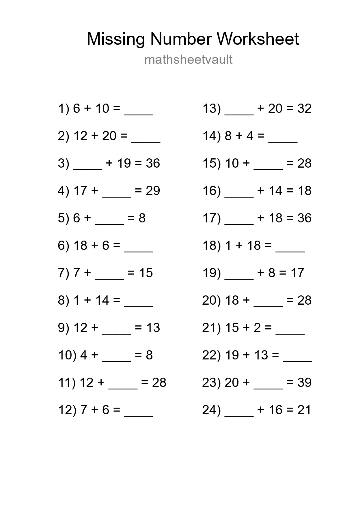 Missing Number Math Worksheet