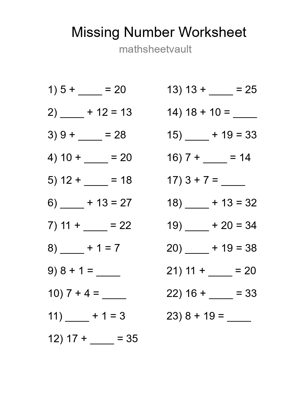 Missing Number Math Worksheet