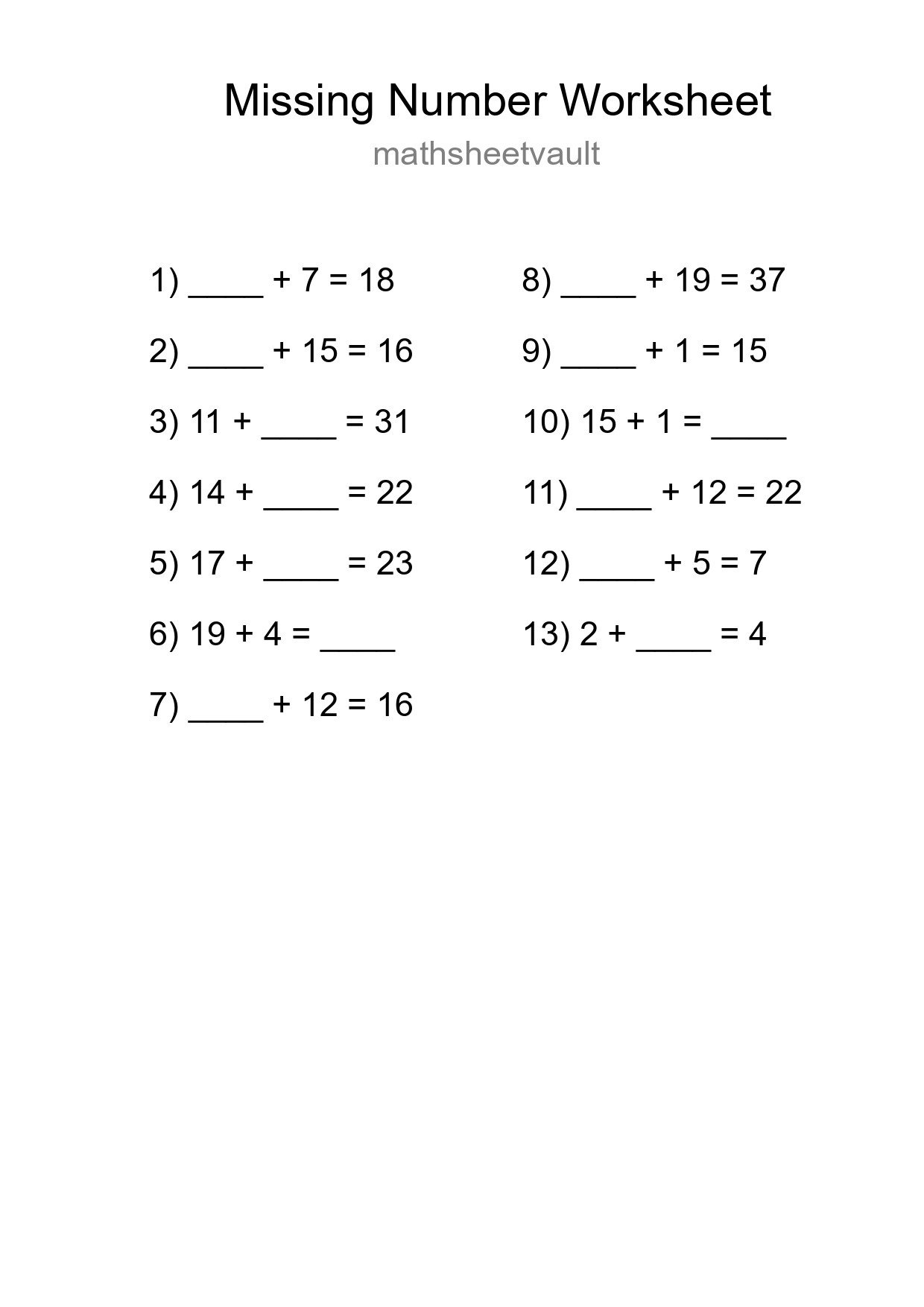 Missing Number Math Worksheet