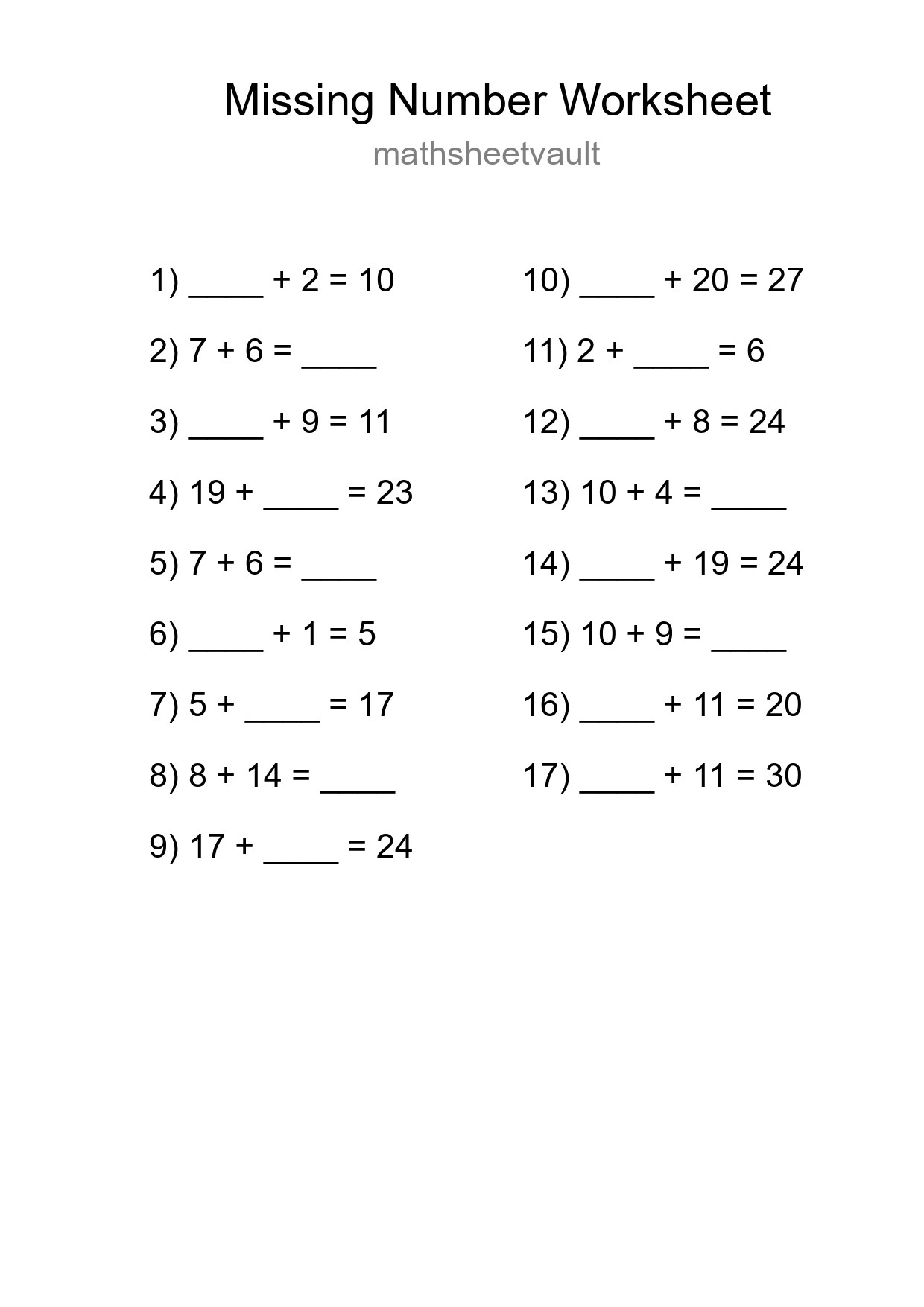 Missing Number Math Worksheet