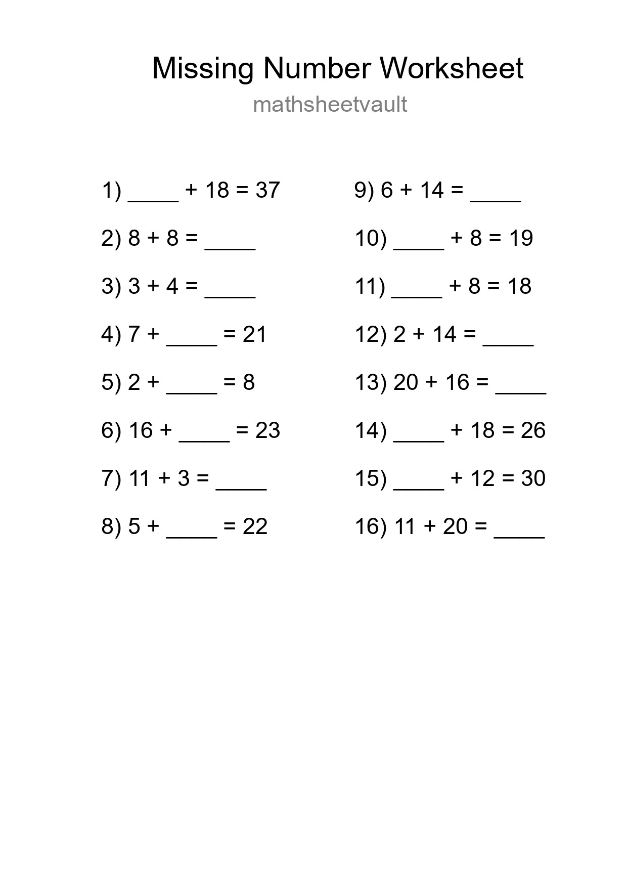 Missing Number Math Worksheet