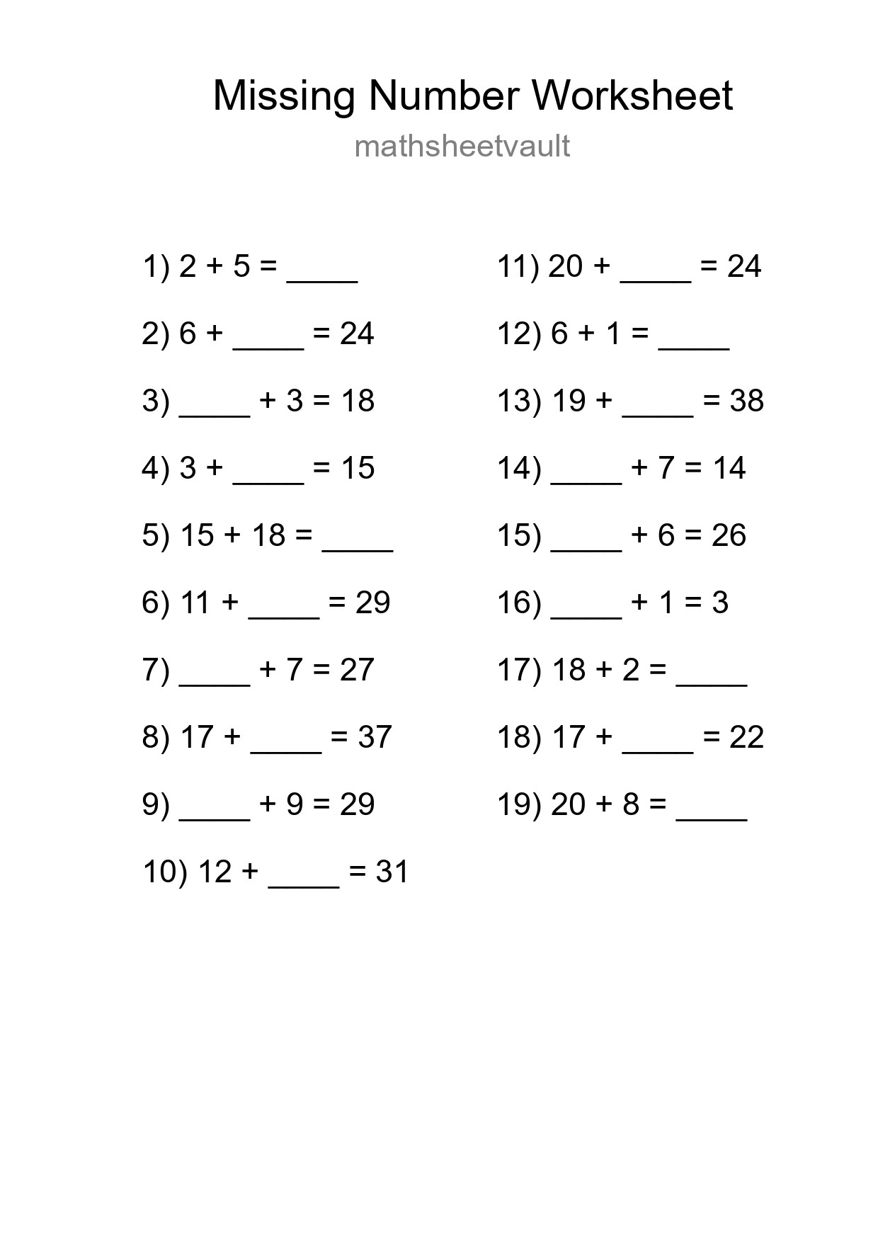 Missing Number Math Worksheet