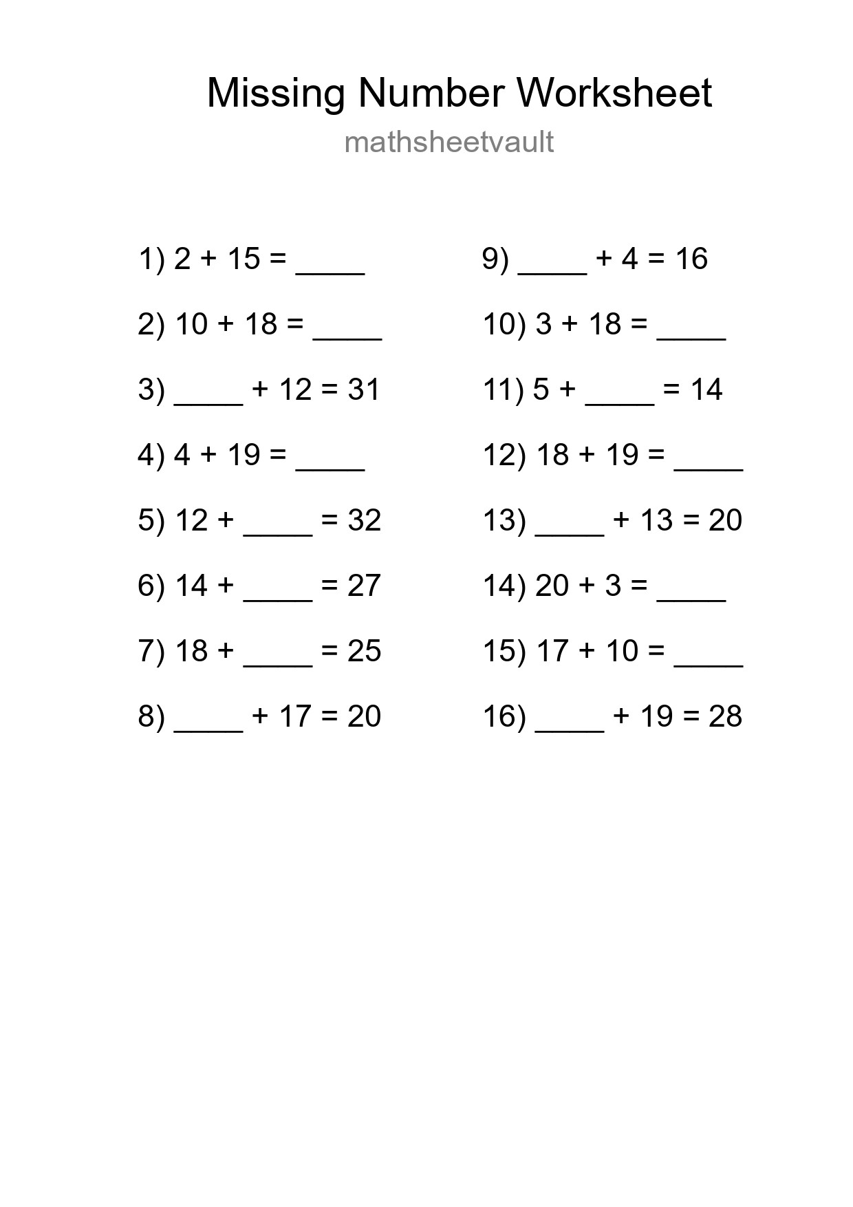 Missing Number Math Worksheet