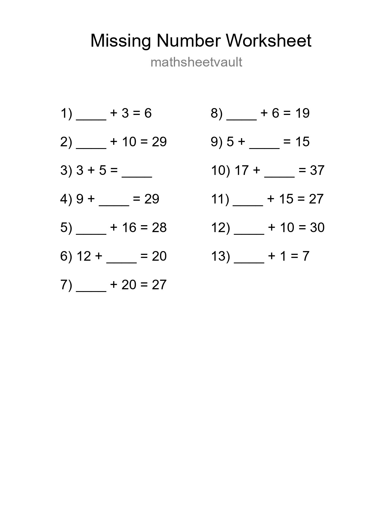 Missing Number Math Worksheet