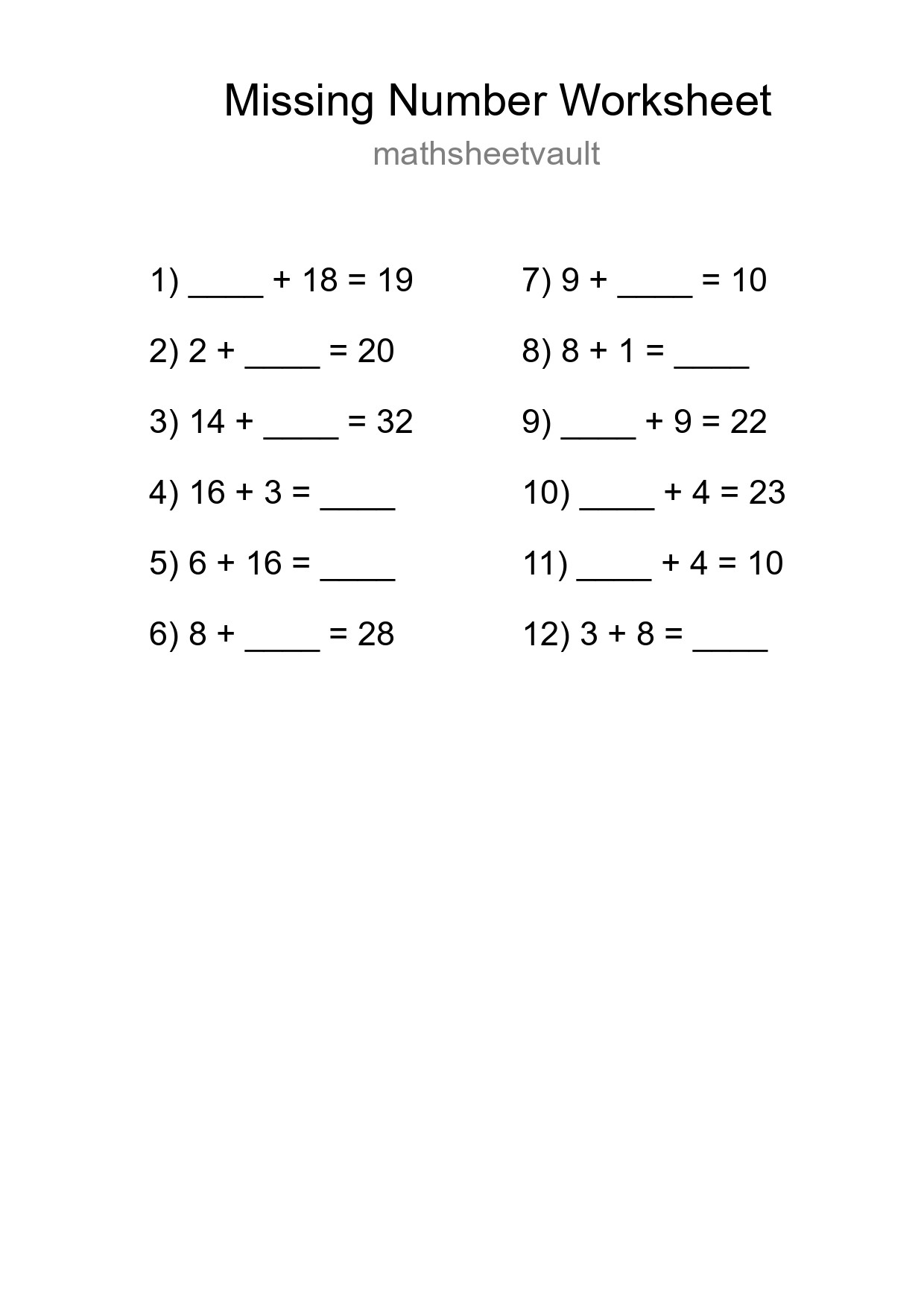 Missing Number Math Worksheet