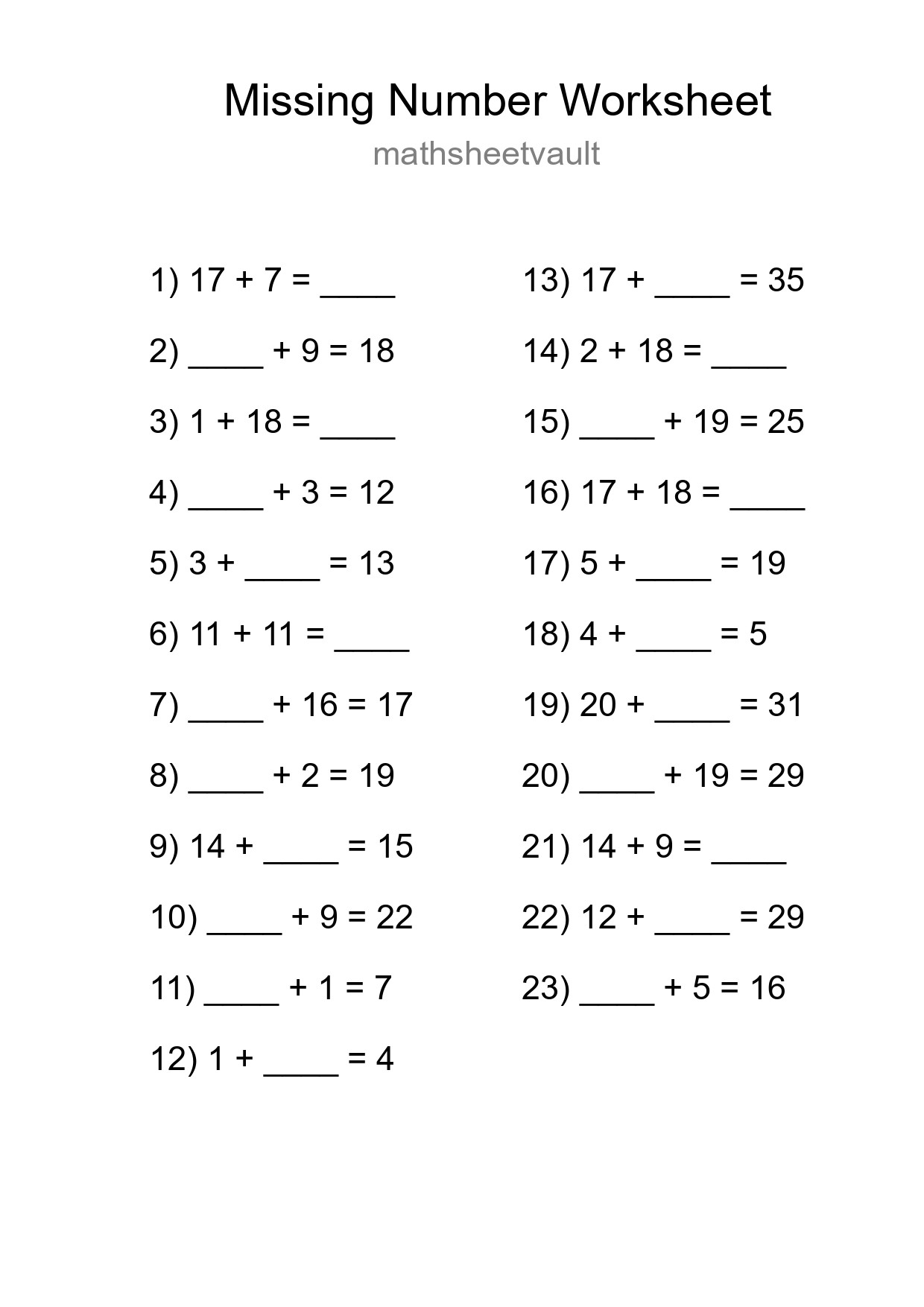 Missing Number Math Worksheet