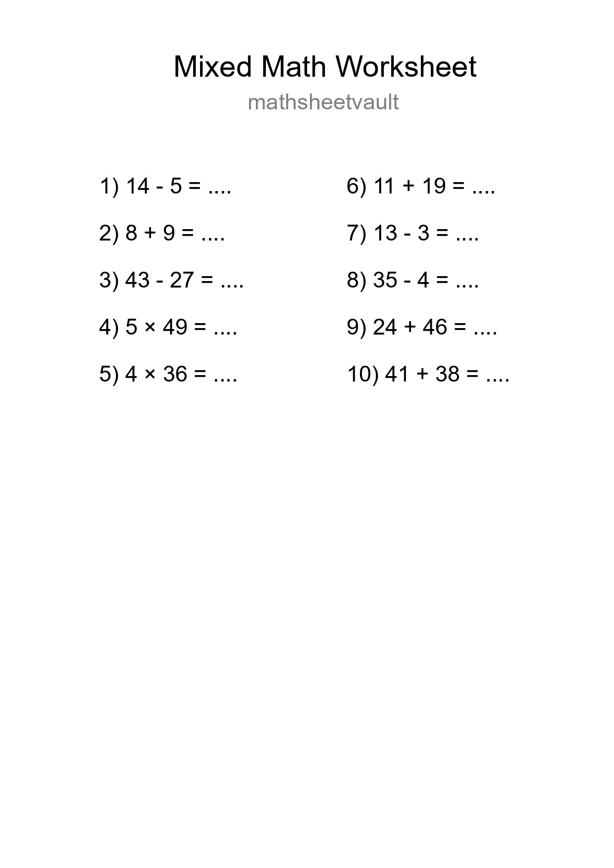 Mixed Operations Math Worksheet