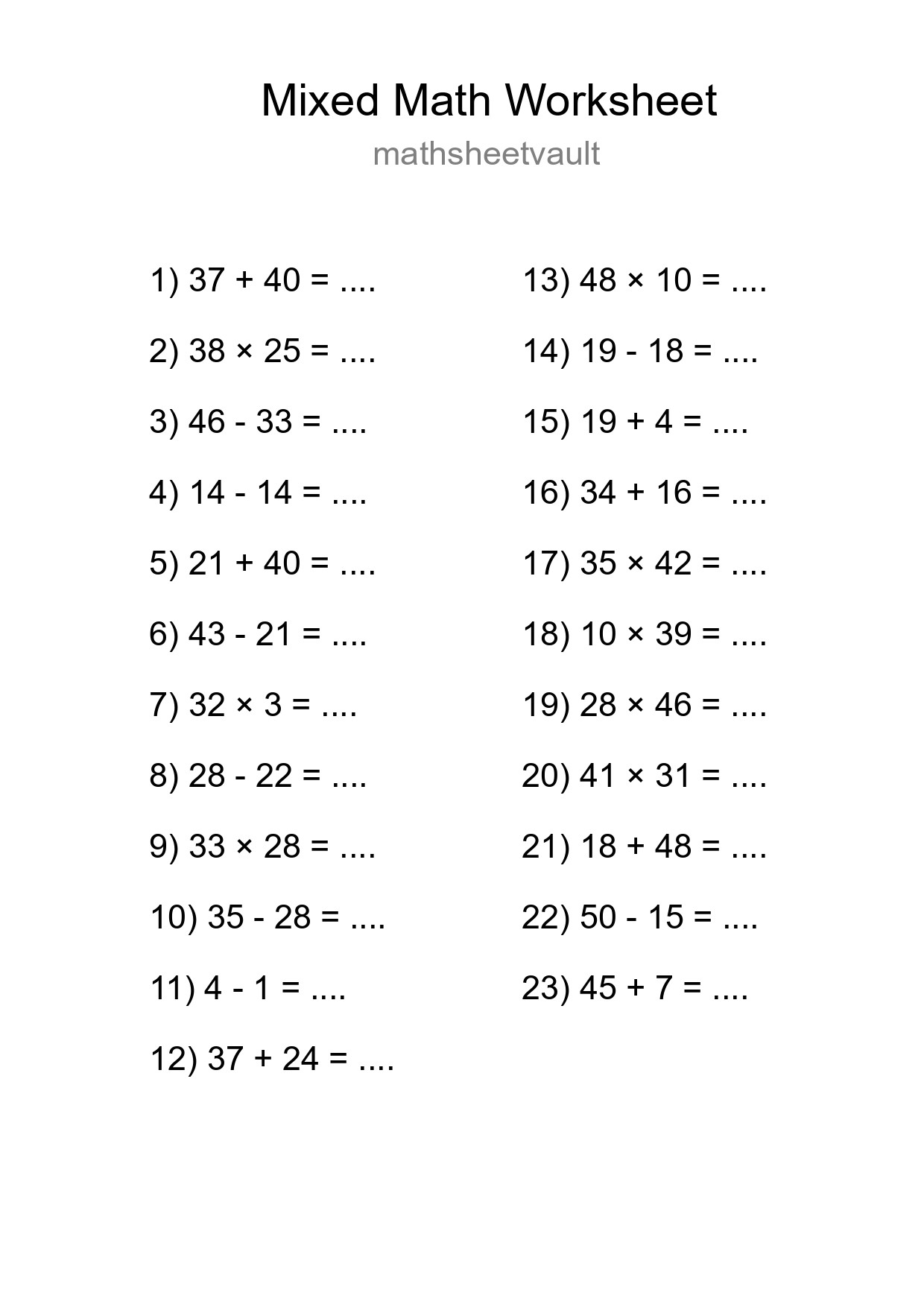 Mixed Operations Math Worksheet