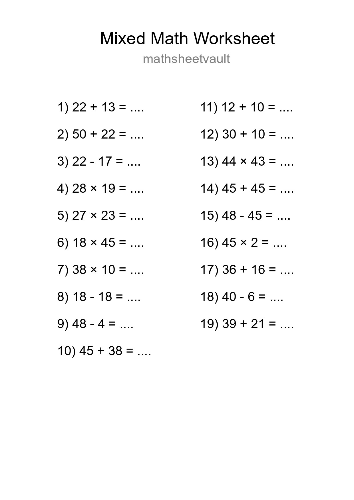 Mixed Operations Math Worksheet