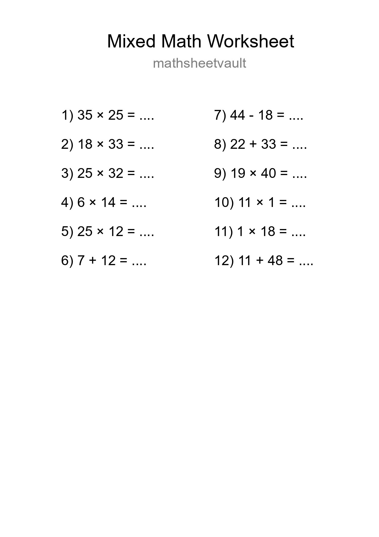 Mixed Operations Math Worksheet